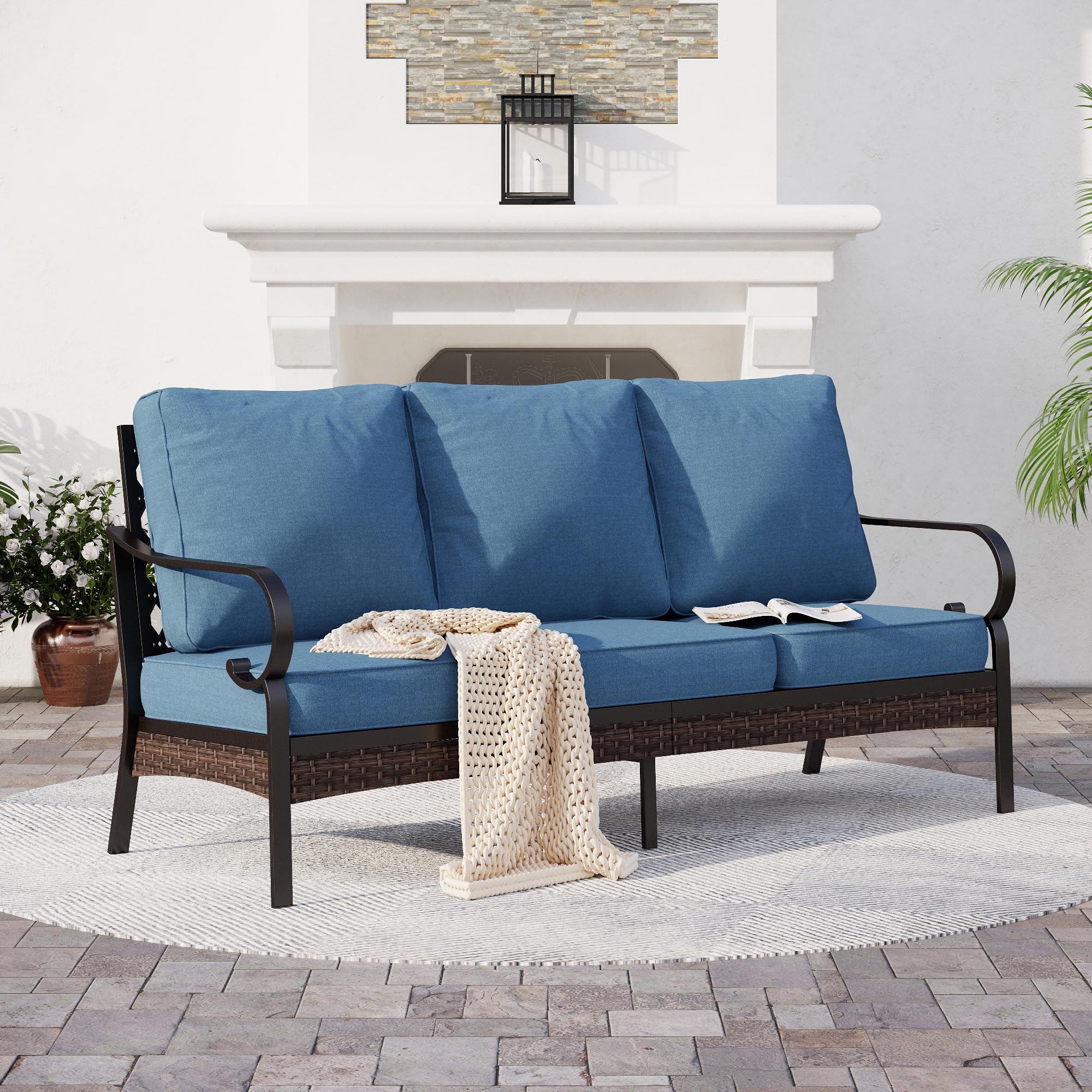 SUNSHINE VALLEY Metal Patio Sofa with 5.75" Extra Thick Cushion, 3-Seater Deep Seating & High-Back Black Frame Outdoor Couch All Weather Outdoor