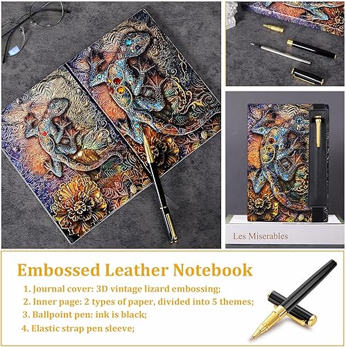 Miniatura 4 de FEIDIAO Cuaderno de Cuero con Relieve de Lagarto Vintage, Cuaderno DND, Diario de Viaje con Bolígrafo y Funda para Bolígrafo, Diario de Cuero PU,
