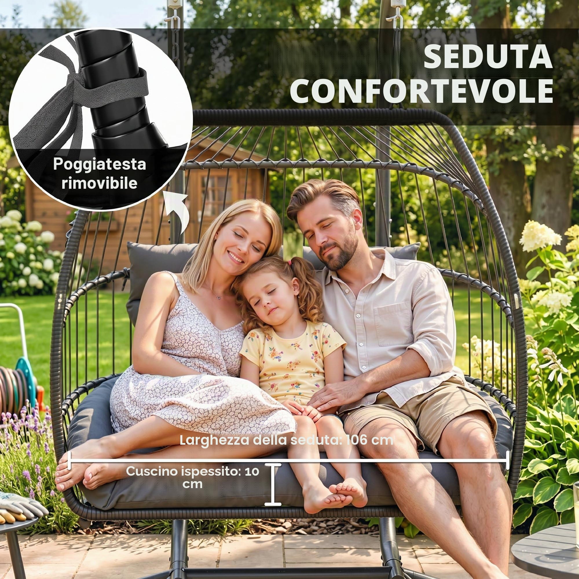Outsunny Sedia pensile con telaio Cesto pensile pieghevole con cuscino Polyrattan Altalena ergonomica per 2 persone Sedia pensile da esterno Caricabile fino a 260 kg Poltrona per balcone Terrazza