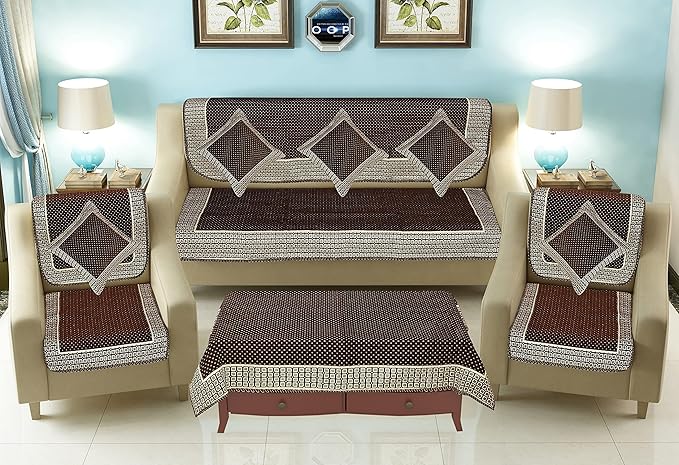 Jayvaam 5 Seater Sofa Cover with Cushion & Table Cover - Washable Rectangular Cover for Home Office Living Room Sofa Couch - Slip Covers Panels for Furniture Protector, 10 Piece, Light Coffee