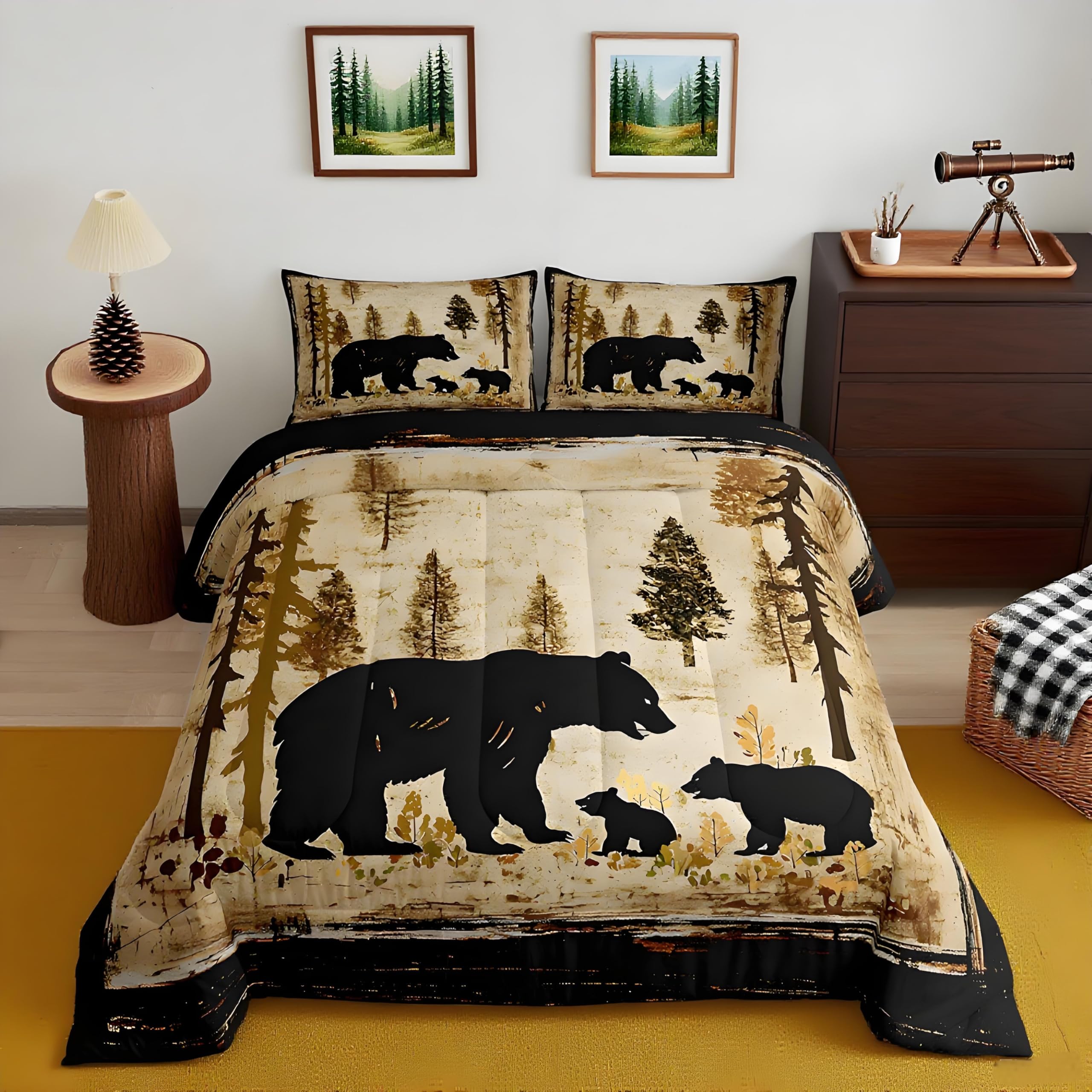 Feelyou Bear Bedding Set for Kids Toddler King Size Black Bears Comforter Set Boys Girls Cabin Rustic Farmhouse Bedding Set Wildlife Duvet Set 3Pcs