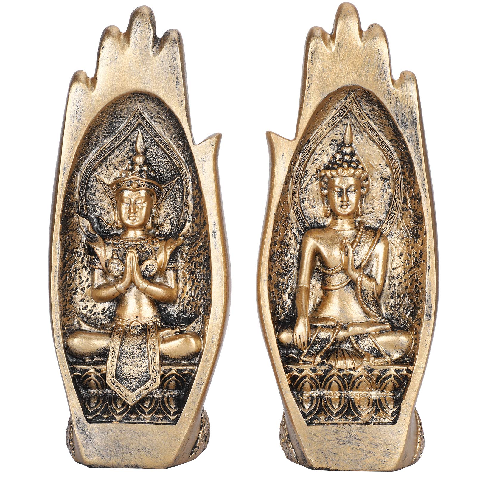 Tomotato 2 Pcs Palm Buddha Statue, Sitting in Hand Buddha Sculpture Meditating Zen Buddha Figurine Synthetic Resin Buddha for Garden Porch Living Room Decoration Gifts