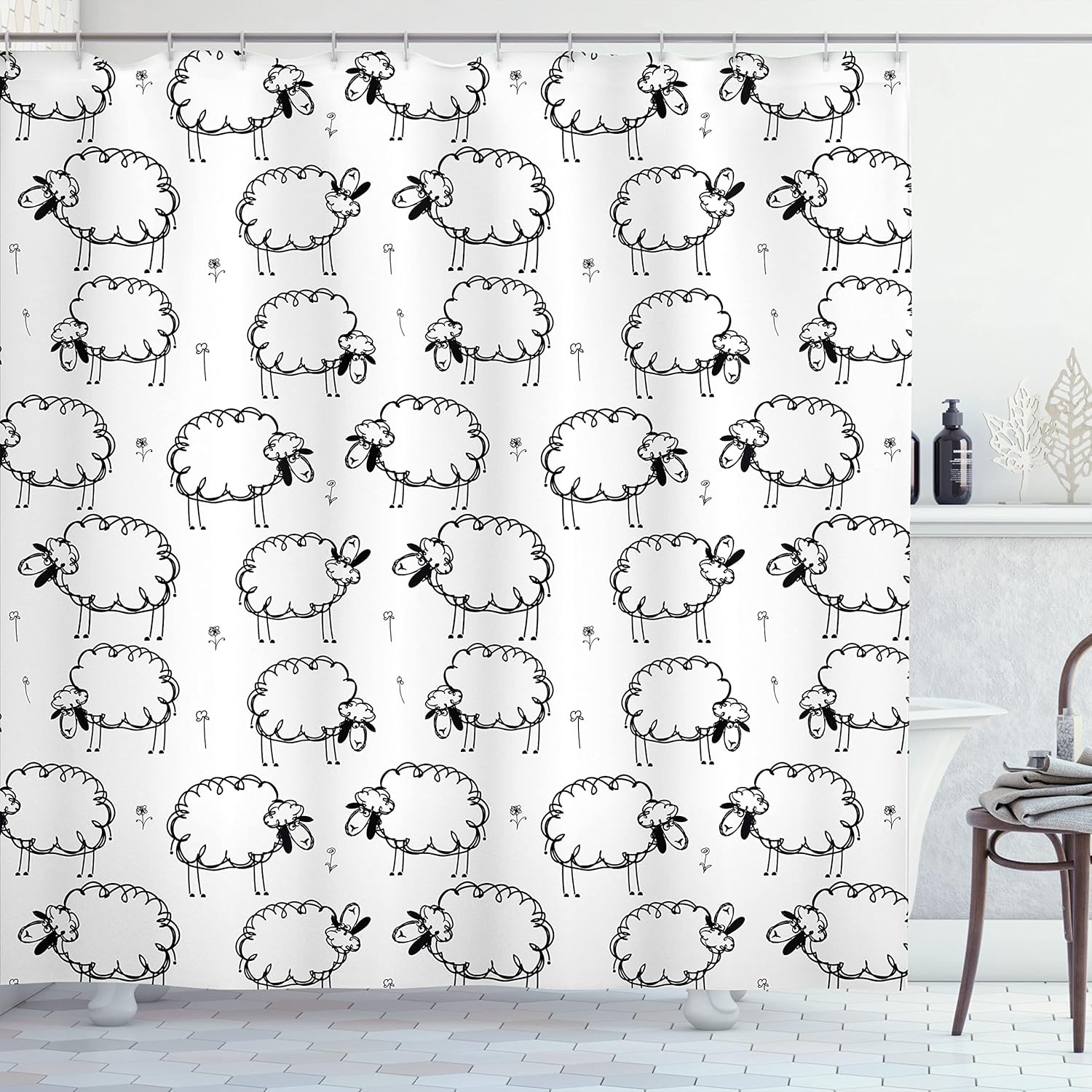 Ambesonne Funny Shower Curtain, Humorous Sheep Patterns on Meadow Flower Comic Doodle Playroom Art Print, Cloth Fabric Bathroom Decor Set with Hooks, 69" W x 70" L, Charcoal Black