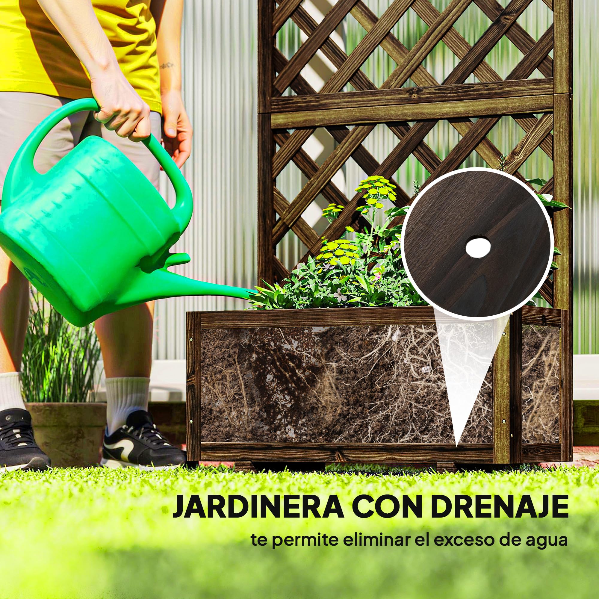 Outsunny Jardinera con Enrejado de Madera Maciza Macetero de Jardín con Soporte para Trepadora para Cultivo de Plantas Flores en Exterior 72,5x31,5x149,5 cm Carbonizado