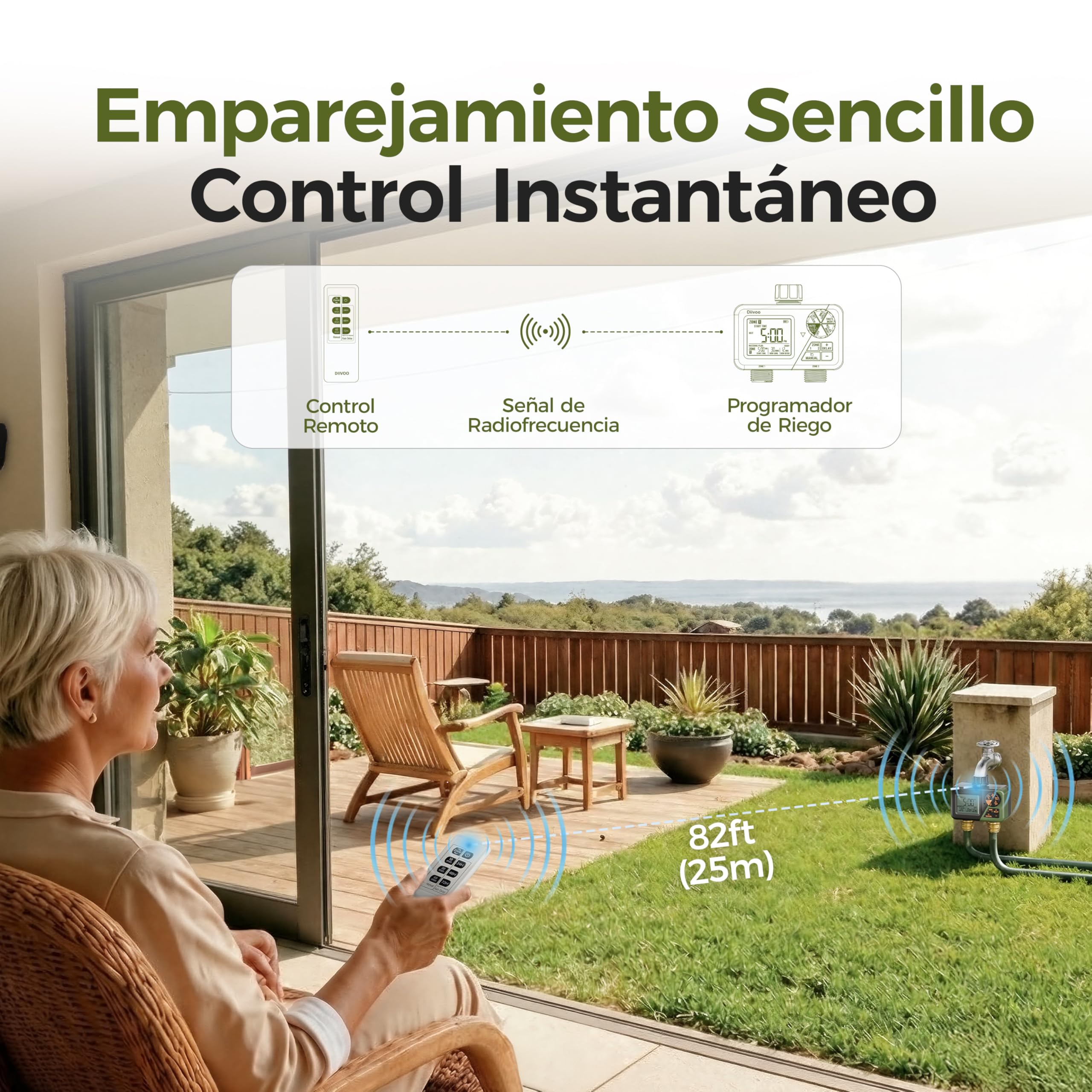 Diivoo Programador Riego con Control Remoto RF, Temporizador Riego Automatico Impermeable IP66 con Retraso por Lluvia, Riego Manual para Jardín, Césped