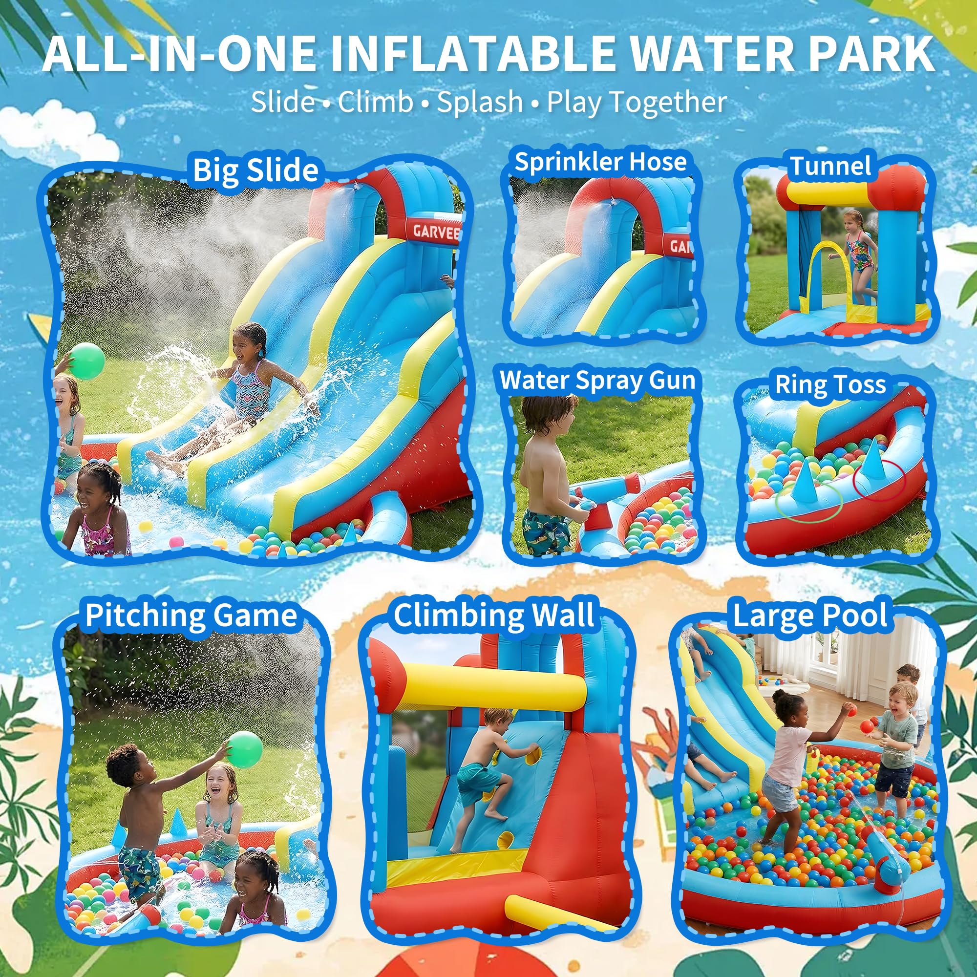 Hüpfburg mit Wasserrutsche, Hüpfburg XXL mit Gebläse, Hüpfburg Outdoor Springen,Wasserpistole,Splash Pool, Rutsche Outdoor, Children's Bouncy Castle for Indoor or Spiele Gartenspiele, Garten Spielzeug