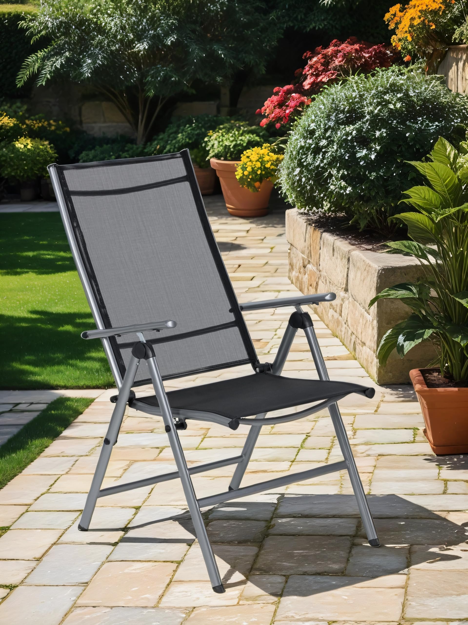 aro Gartenstuhl mit Armlehne, Stahl/Textilen-Bespannung, 53 x 63 x 106 cm, Zusammenklappbar, 8-Fach verstellbare Rückenlehne, Schwarz/Silber