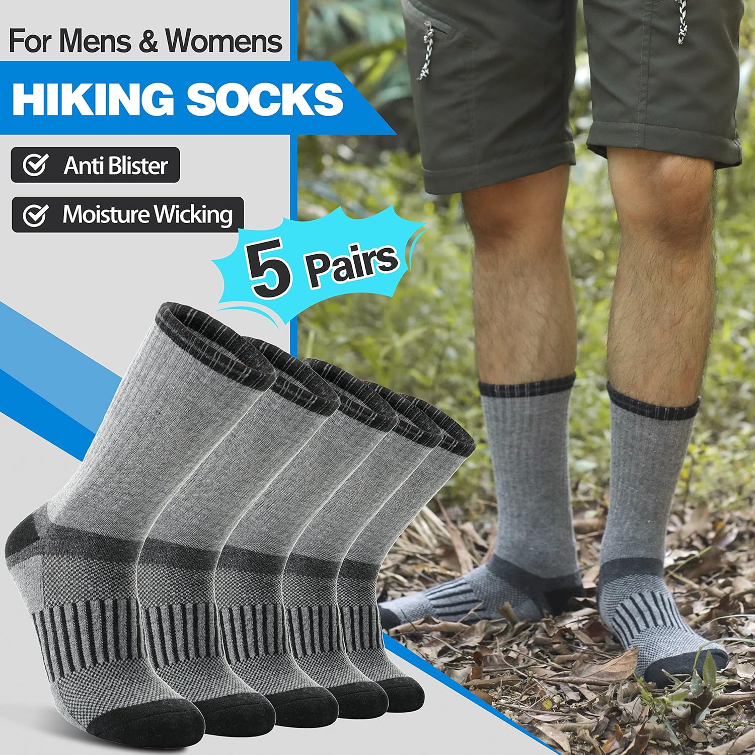 5 Pairs Merino Wool Hiking Socks Warm Thermal Winter Cozy Cushioned Moisture Wicking Socks for Women & Men - Image 2