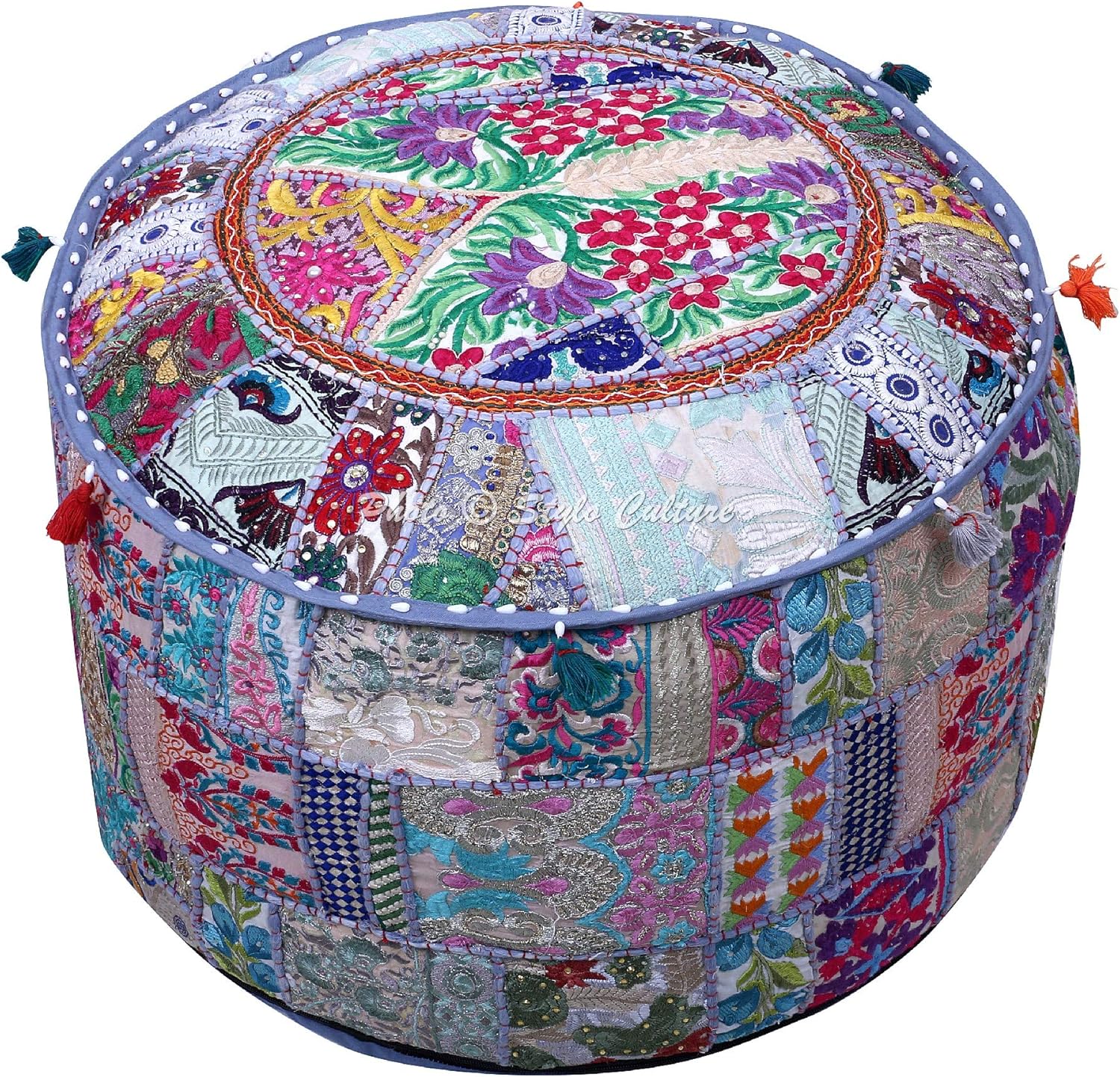 Cotton Grey Footstool Ottoman Pouf Cover for Living Room 22" Embroidered Patchwork Tuffet Hassock Stool Pouffe Case Floral Cushion Ethnic Decor Furniture (Cover ONLY)