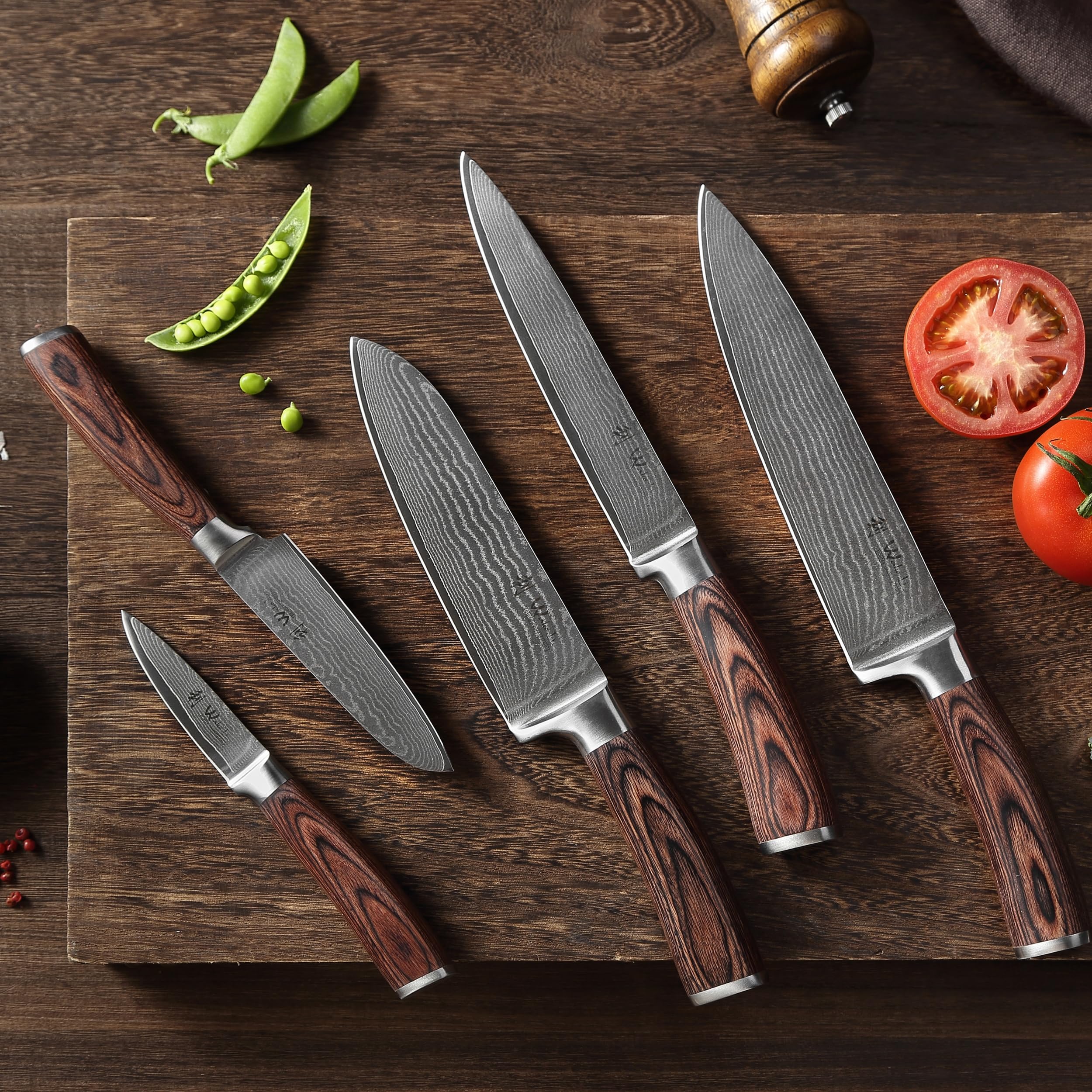 Wakoli EDIB Damastmesser Set (5-teilig) Küchenmesser Set aus 67 Lagen Damaststahl mit VG10-Kern, Pakkaholzgriffen, extrem scharfe Kochmesser, Chefmesser, Santoku, Fleischmesser, Gemüsemesser - Holzbox