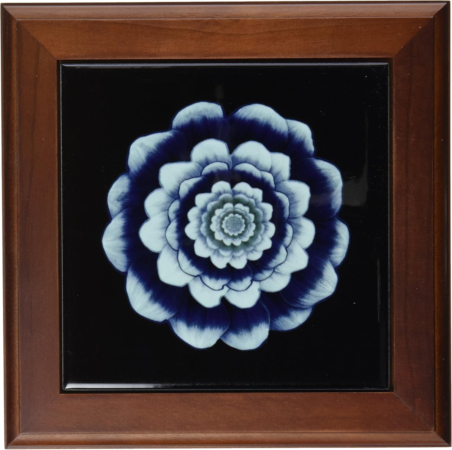 3dRose ft_31663_1 Baby Blue and Navy Fantasy Mandala Flower on Black Background-Framed Tile, 8 By 8-Inch : Home & Kitchen