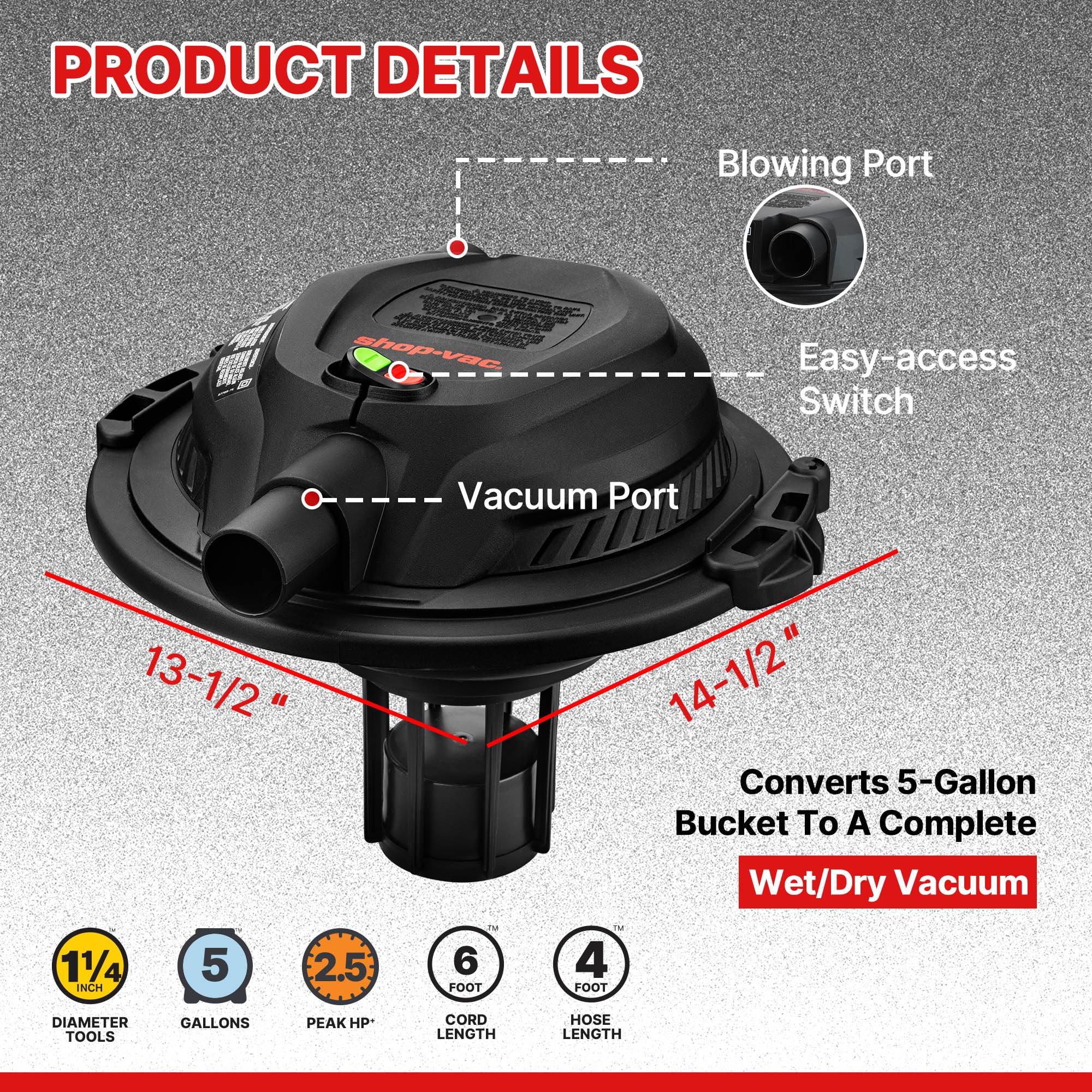 Shop-Vac 2.5 Peak HP Wet/Dry Vac Bucket Head, Fits 5 Gallon Bucket