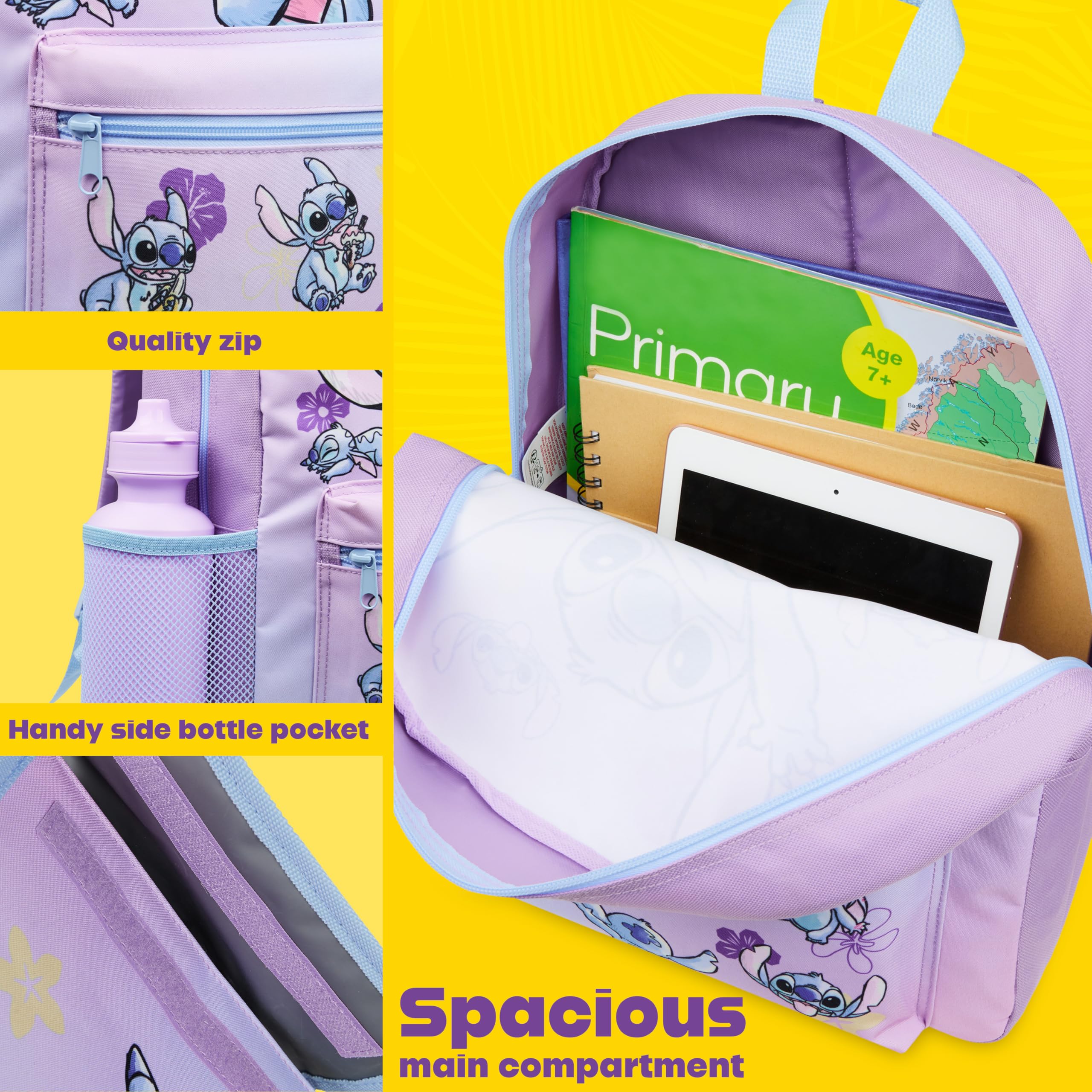Disney Stitch Mochila Escolar Niña Adolescente Chica con Estuche Infantil Botella de Agua y Bolsa de Almuerzo Set de Material Escolar 4 Pzs