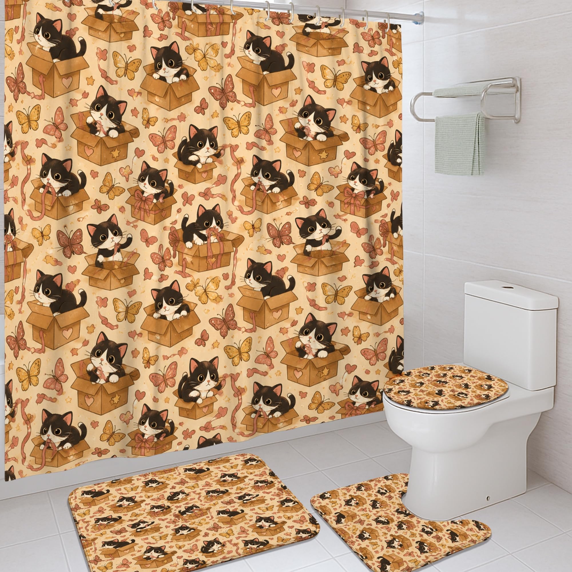 Ensemble rideau de douche polyester anti-éclaboussures et tapis de baignoire