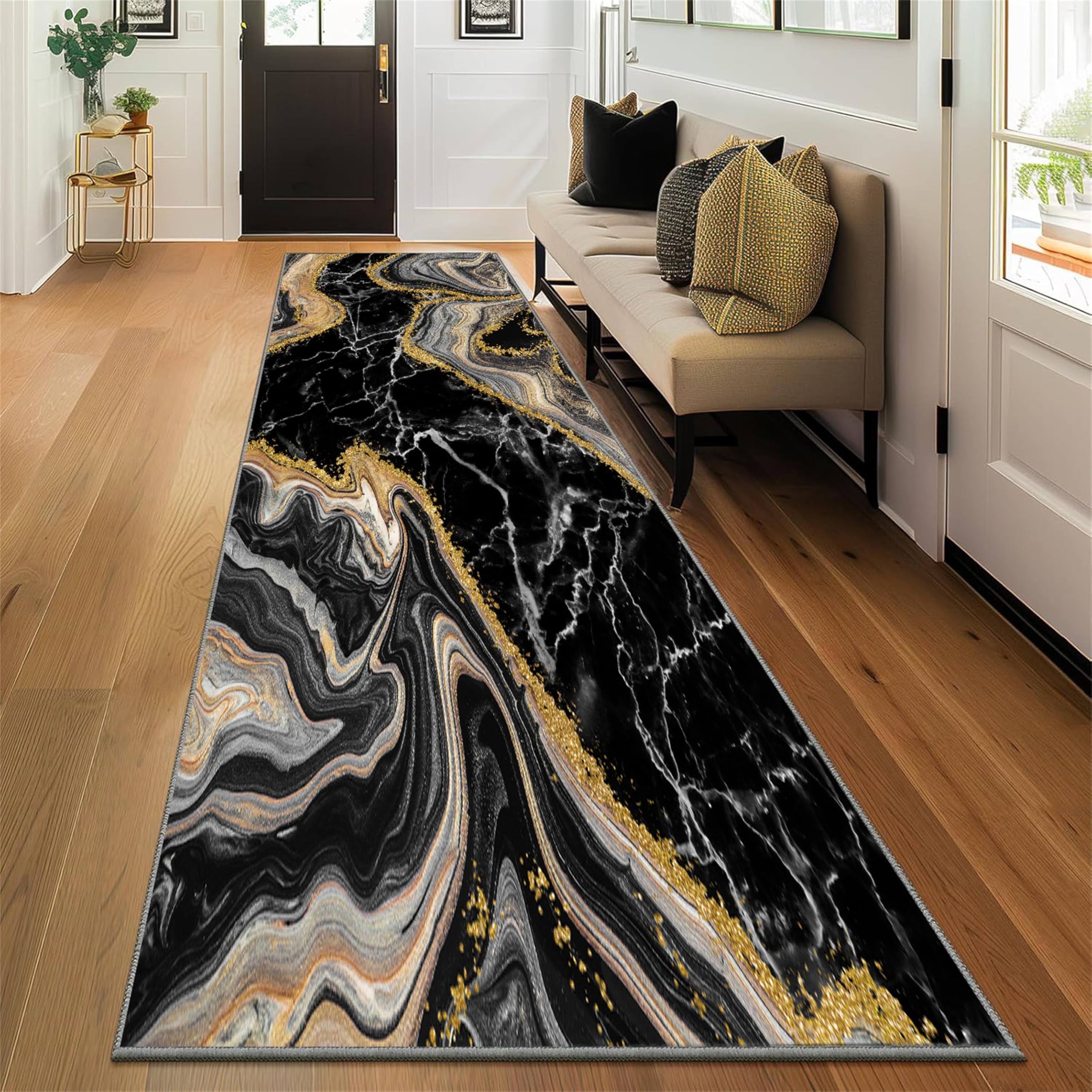 Arzunsy Luxury Black & Gold Runner Rug 80x150cm, Marble Texture Abstract Geometric Carpet, Washable Non-Slip Long Hallway Mat for Entrance, Laundry Room, Foyer & Bedside