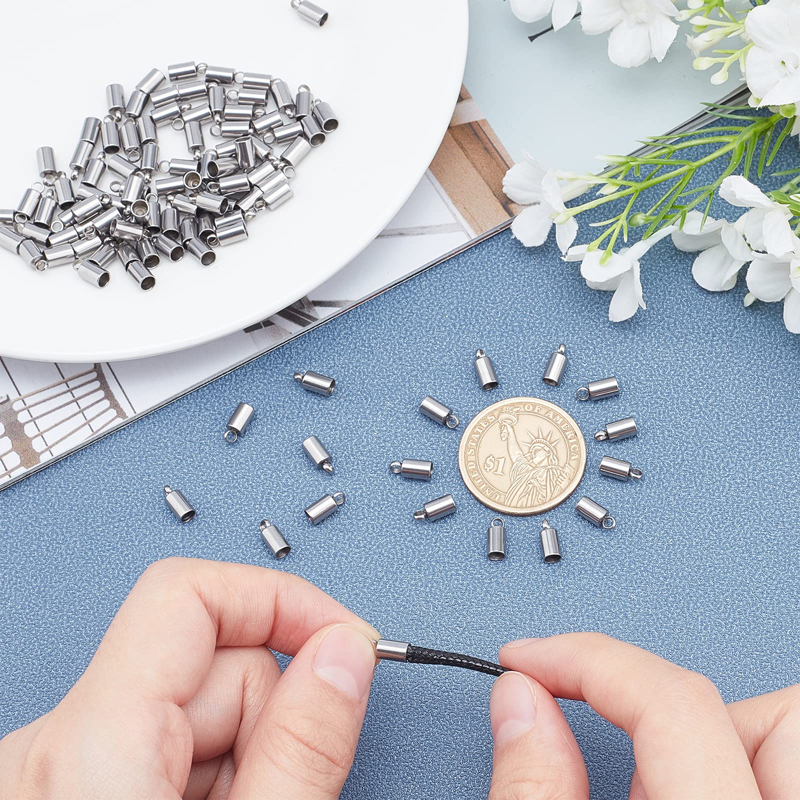 UNICRAFTALE About 100pcs Stainless Steel Cord Ends with Mental End Caps Glue in Barrel End Caps, Barrel Rope Head Cap Used for Kumihimo Jewelry Making 1.8mm Hole