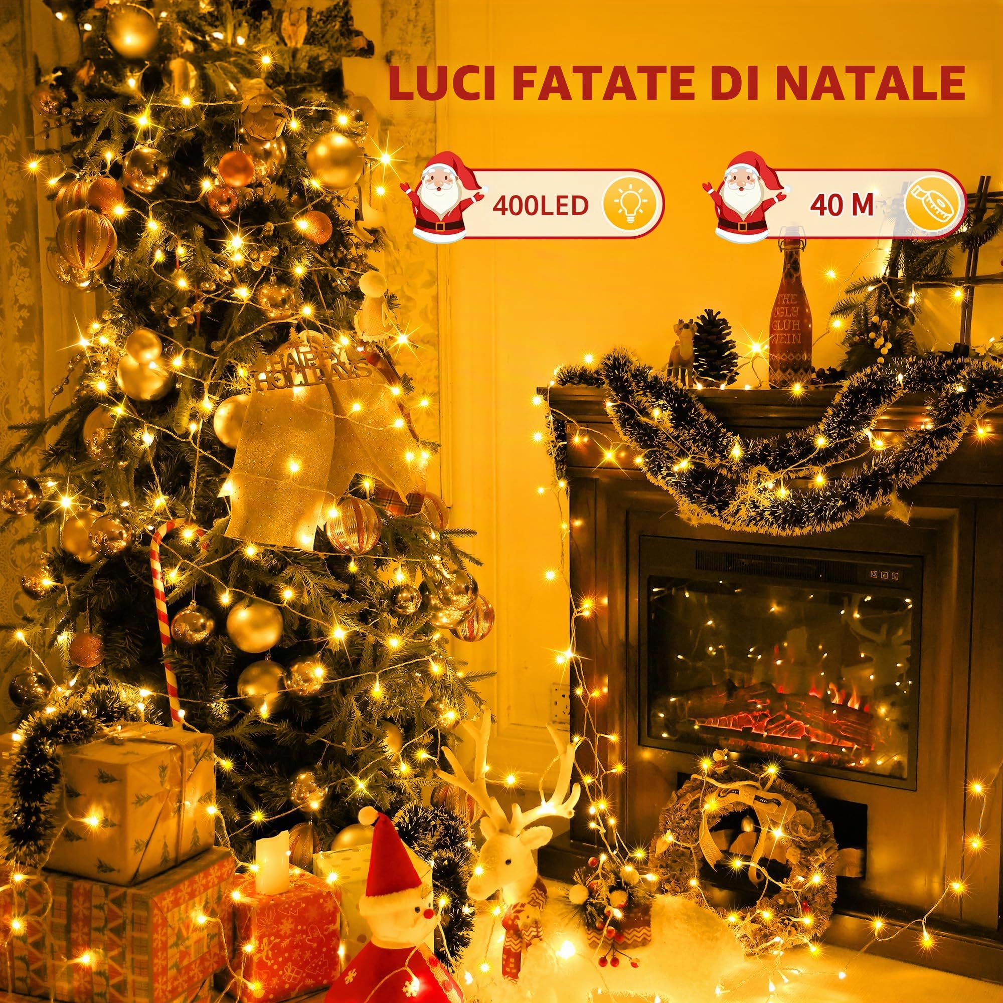 Auriostar Luci Natale Esterno 40m 400LEDs, Impermeabile IP44 Catena Luminosa Esterno, 8 Modalità Luci LED per Interno/Esterno Decorative Natalizie Albero di Natale Nozze Compleanno (Bianco Caldo)