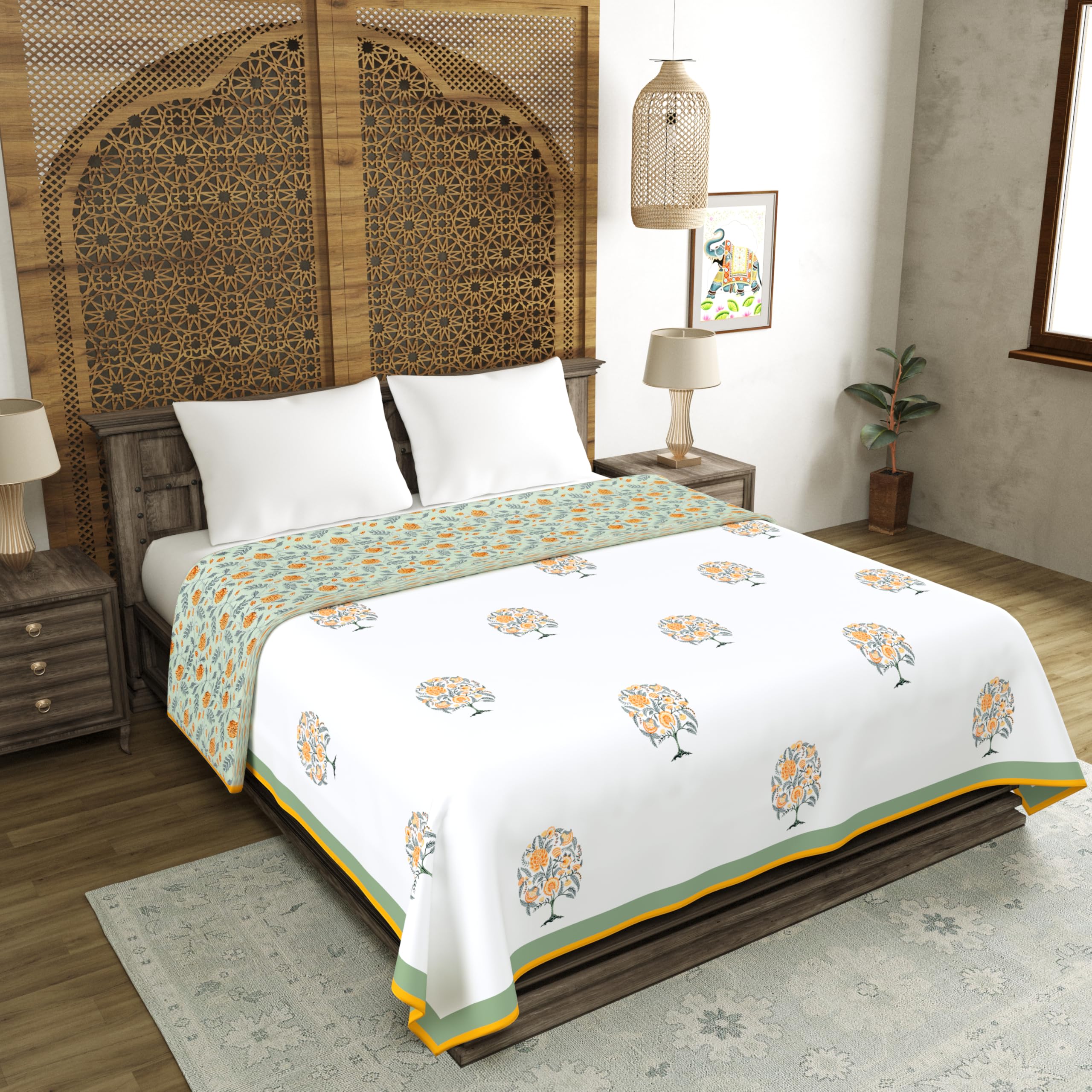 BLOCKS OF INDIA 100% Cotton Dohar King Size Reversible Hand Block Printed Malmal Summer Dohar/Blanket (Green Tree of Life)