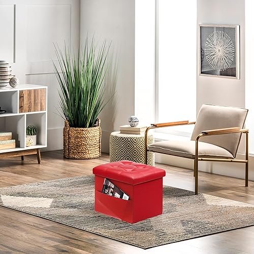 Miniatura 4 de AmasSmile Red Storage - Taburete plegable otomano con bolsillo lateral, reposapiés de cuero de 16 pulgadas, banco otomano corto, almacenamiento de