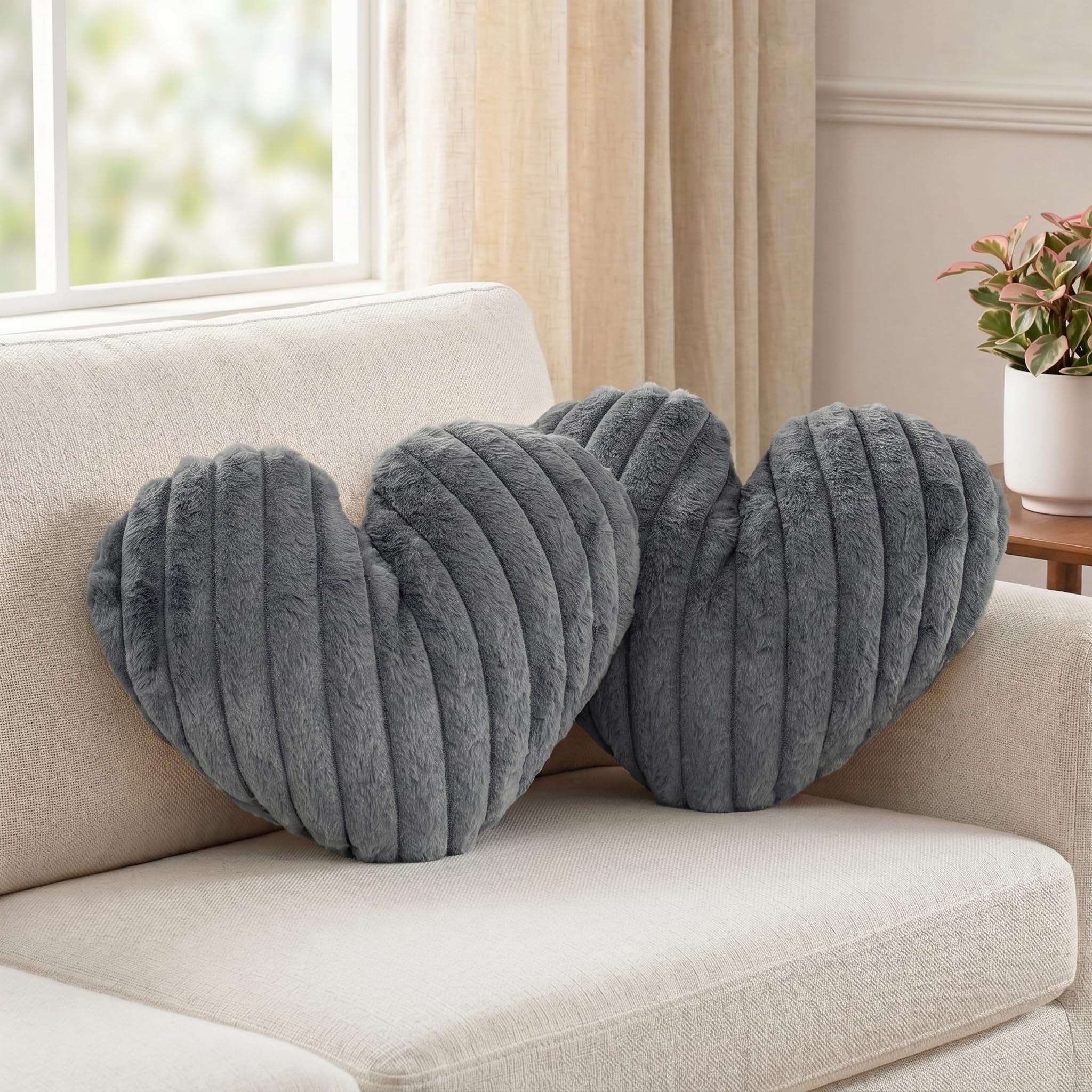 2 Pack Heart Pillow Grey Cushions Soft Plush Decorative Throw Pillows