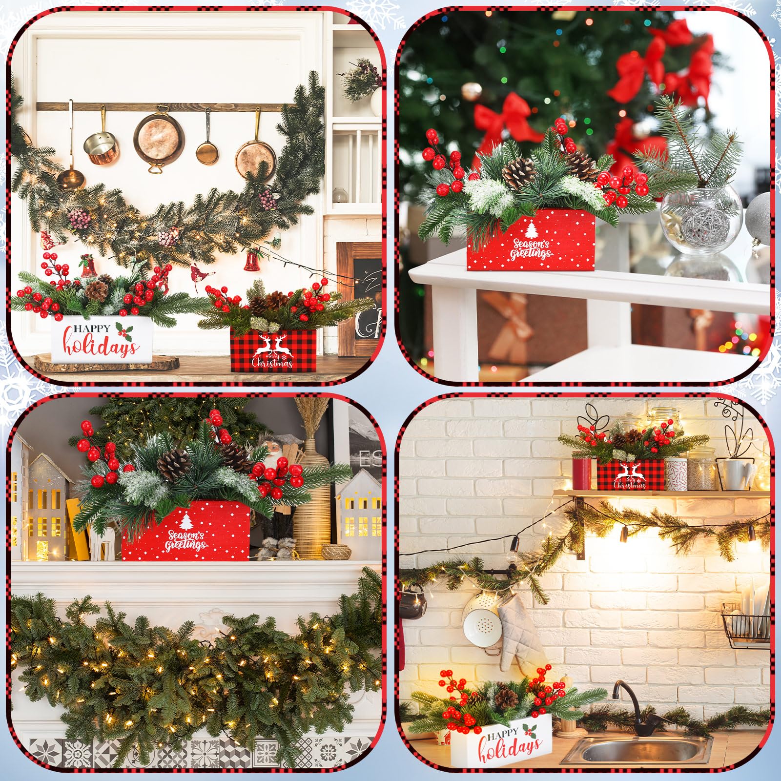 Hotop Lot de 3 centres de table de Noël avec lumières LED - 94 branches enneigées artificielles - houx et pomme de pin - Baies avec boîte en bois pour la ferme, les vacances, Noël, l'hiver, la
