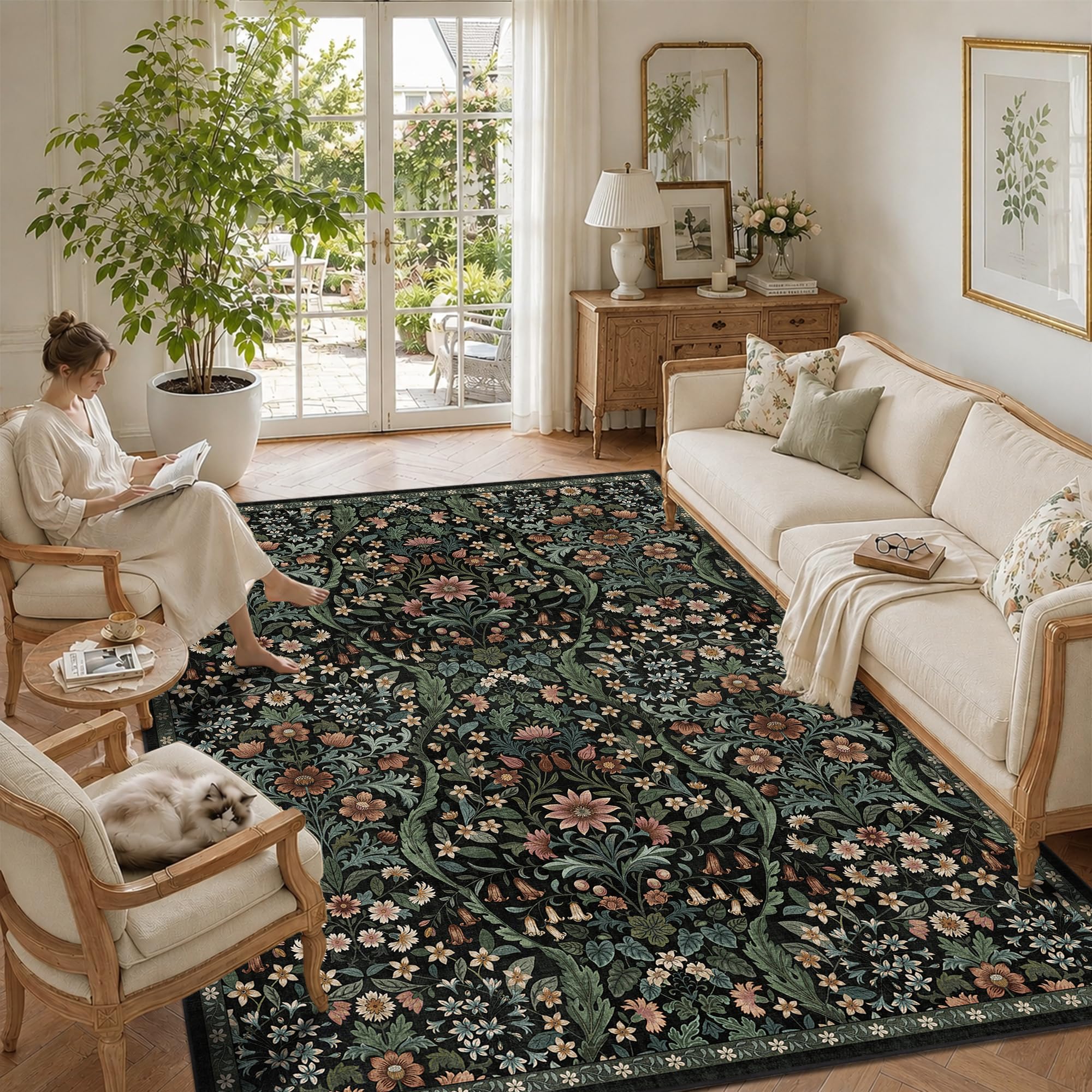 Floral Washable Area Rug 7x9, Botanical Carpet for Living Room