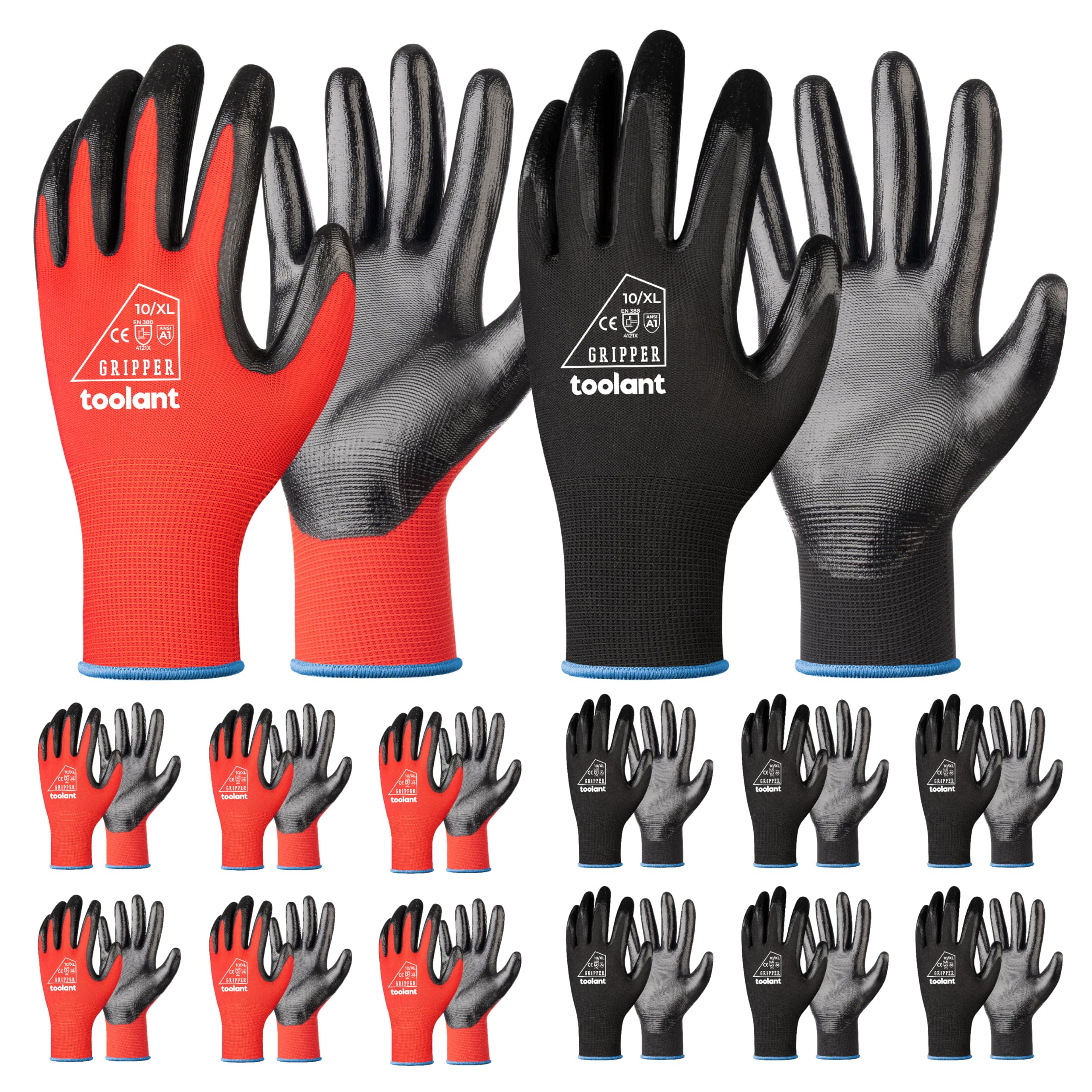 toolant Gants de travail en nitrile pour hommes, résistance supérieure à l'huile, 12 paires de gants de travail de sécurité de masse avec poignée, pour réparation automobile, jardinage (rouge et noir