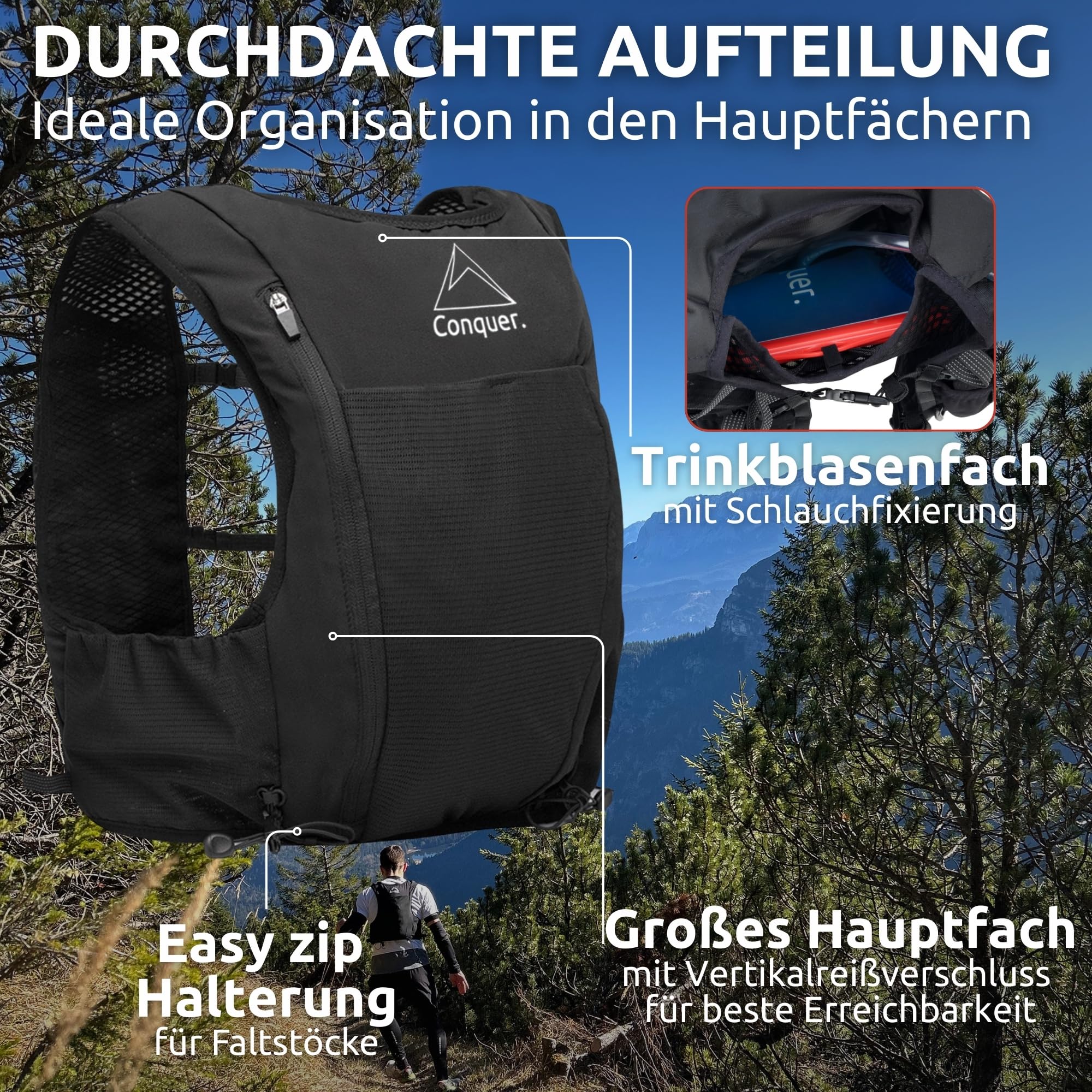 Conquer Laufweste 5L Herren Damen Ultraleichte Trinkweste Trailrunning Joggen Trinkrucksack Soft Flask Fächer Trinkblasen-kompatibel Handytasche Running Vest Marathon