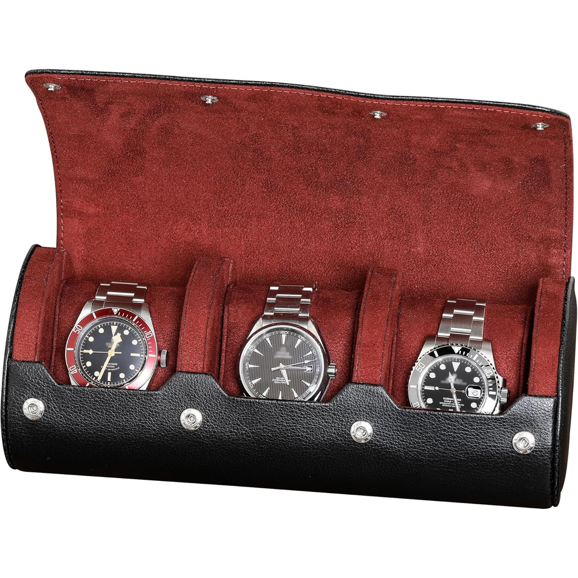 - ROTHWELL Watch Roll Travel Case for 3 Watches | Tough Portable Protection, Fits All Wrist Watch & Smart Watches Up to 50mm (Black/Red)