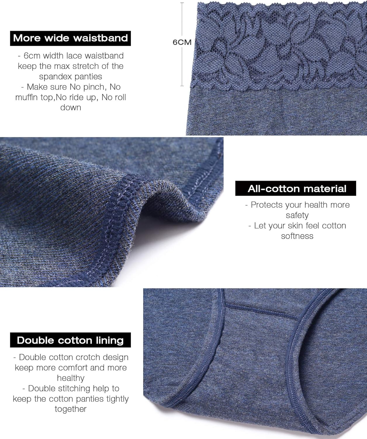 Women’s Underwear Cotton Panties for Women, Soft Ladies Lace Trim Underwear High Waisted Briefs 6 pack - Image 4