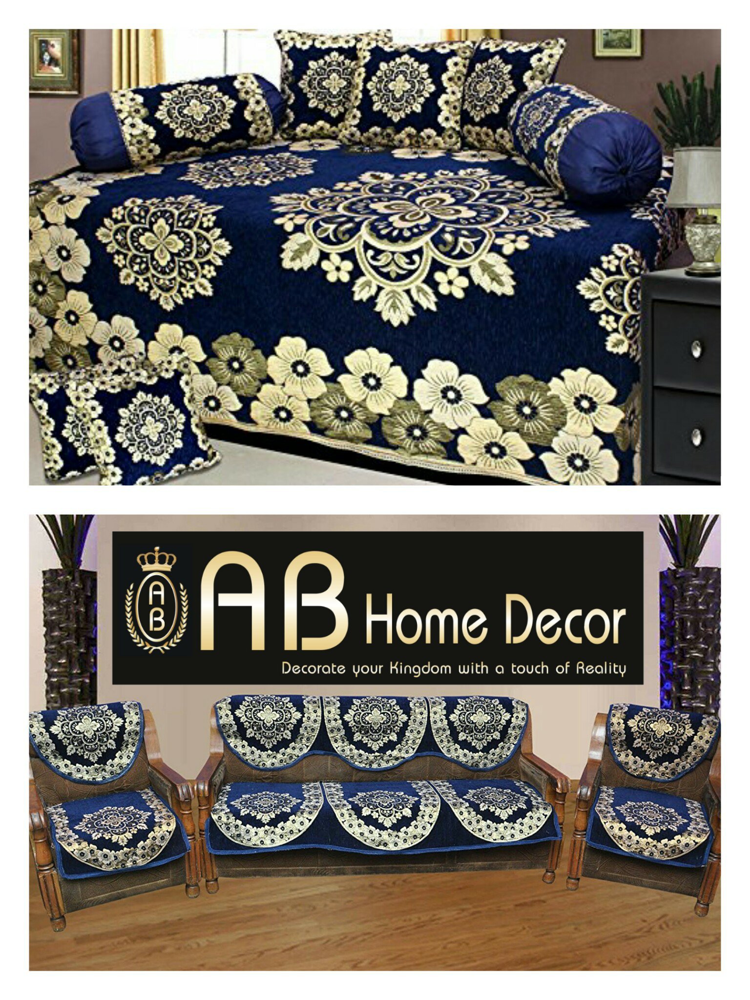 Combo of Floral Design Diwan Set and Sofa Cover Sets,Blue-image-37