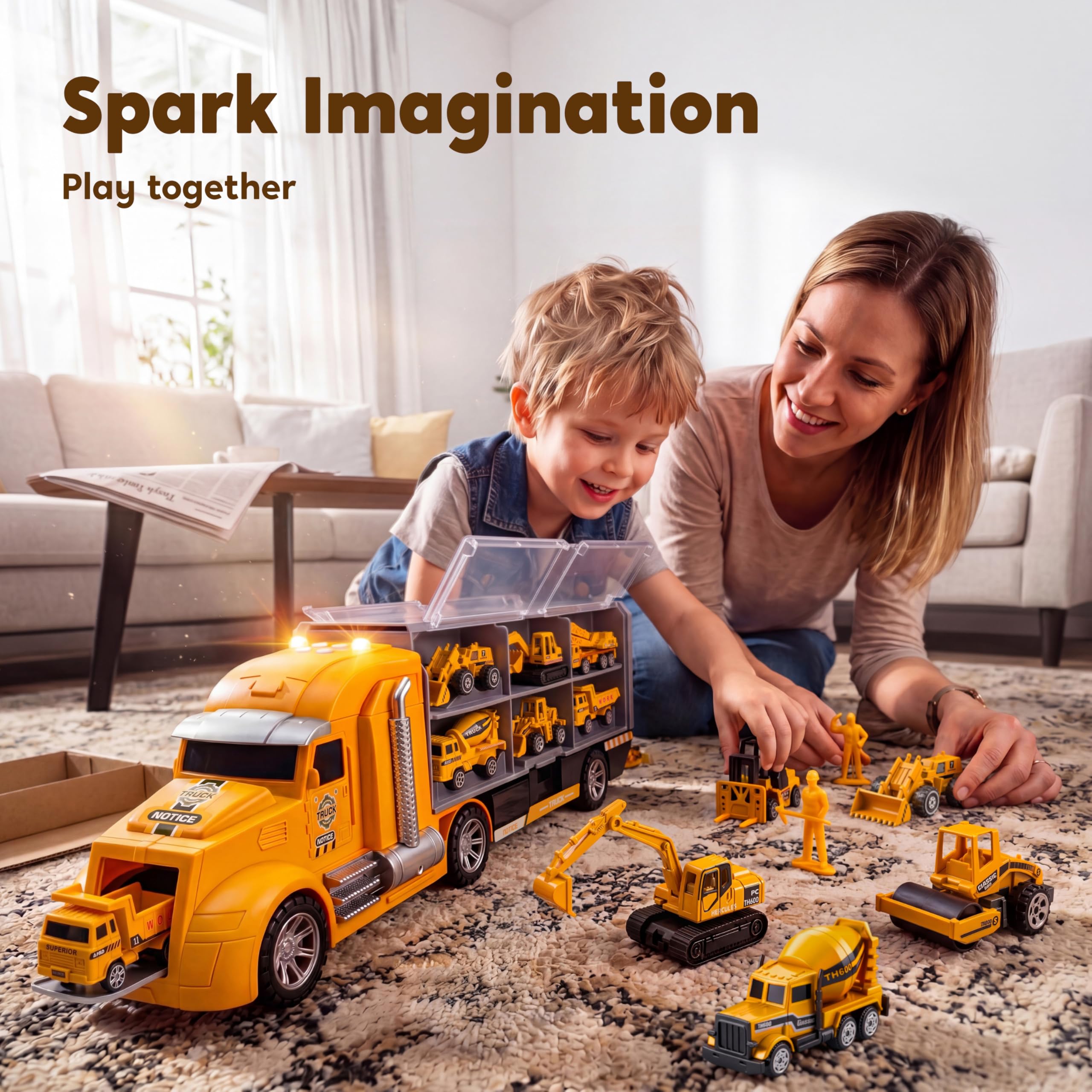 JOYIN 25 en 1 Juego de Juguetes camión de construcción fundidos a presión (Incluye Tractor Excavadora transportadora) con Sonidos y Luces, Regalos de cumpleaños para niños a Partir de 3 años
