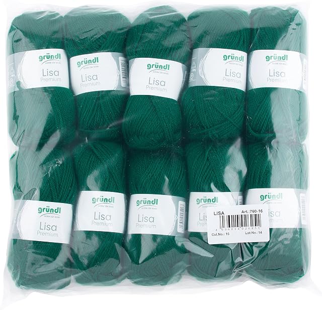 Gründl Lisa Premium Uni-Pack of 10 Balls, Acrylic, fir Green 16, 10x 50g