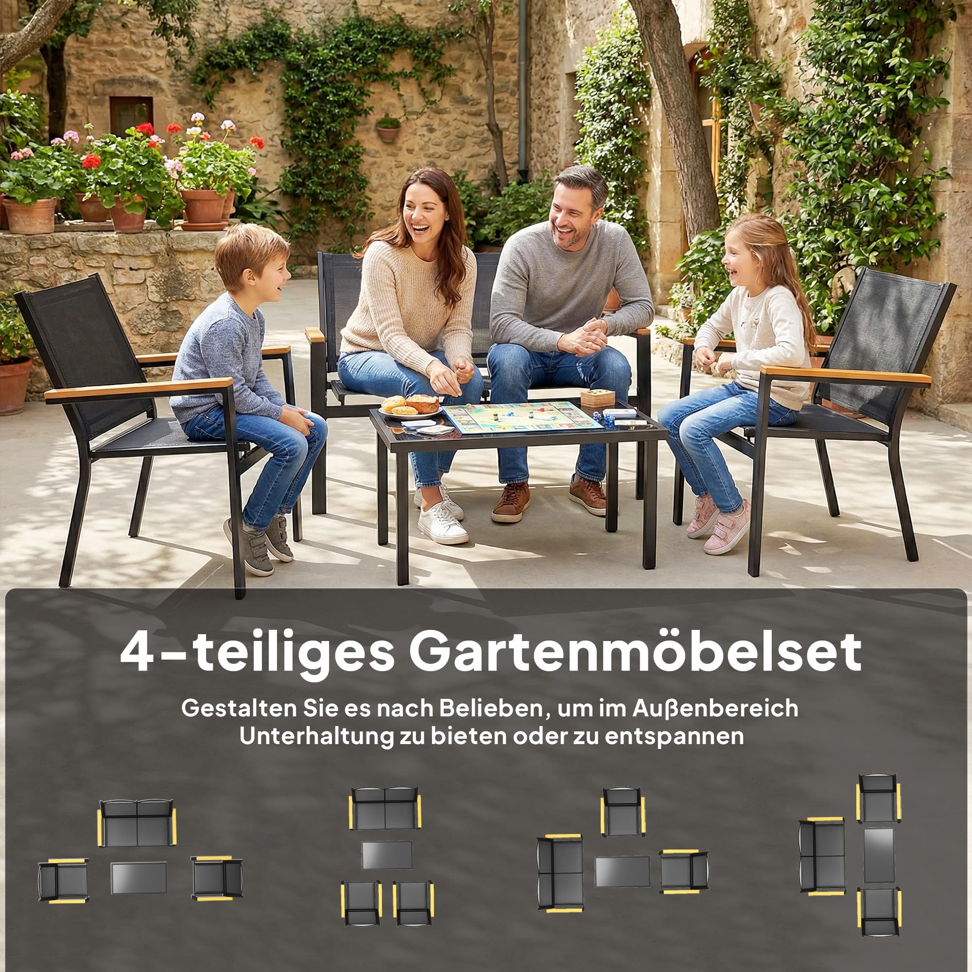 Outsunny Gartenmöbel Set Stahl für 4 Personen mit 2er Sofa Stuhl Schwarz | Sitzgruppe, Gartenlounge, Beistelltisch, Outdoor Balkonmöbel-Set, Terrassenmöbel, für Garten Balkon