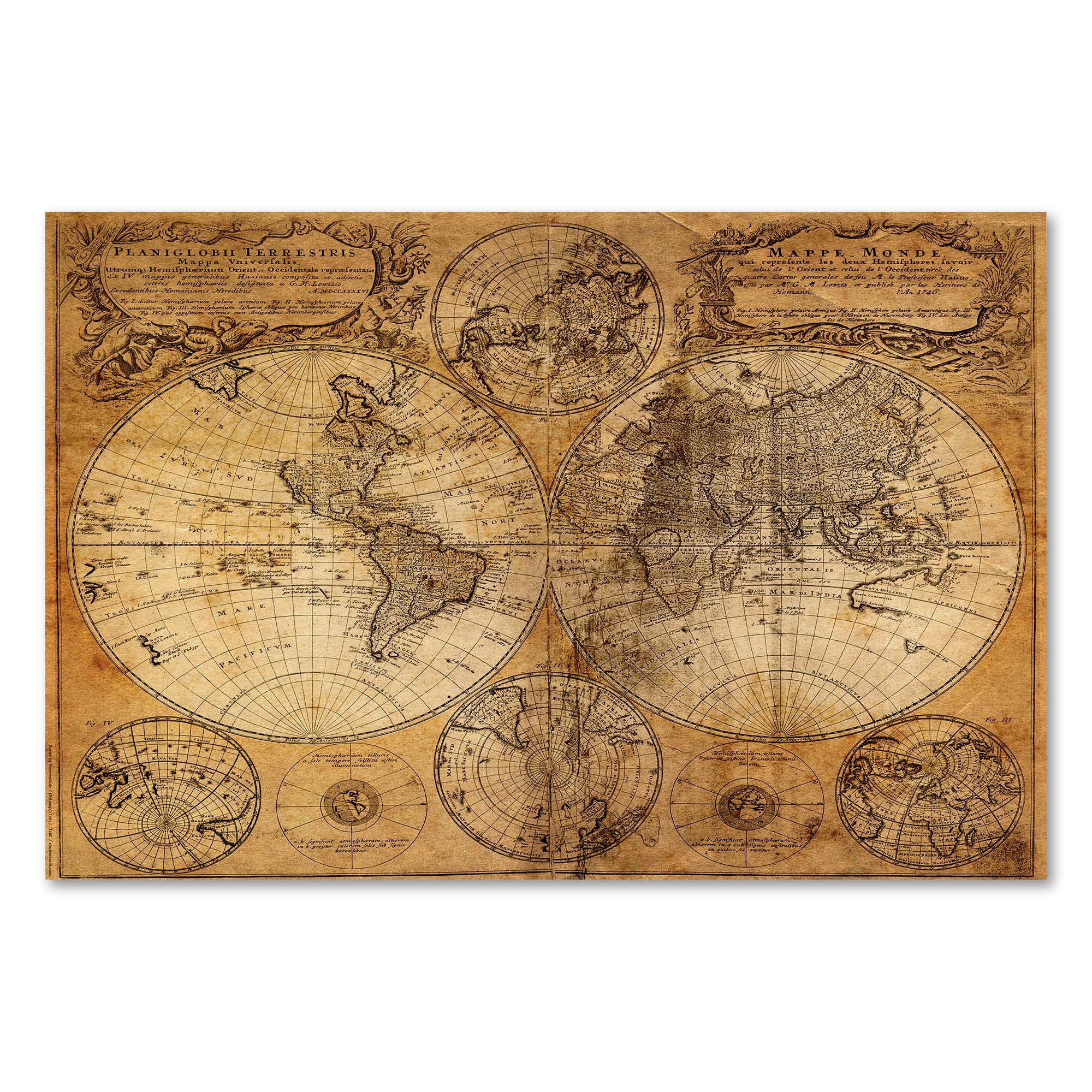 Postereck - 0274 - Alte Weltkarte, Erde Kontinente Karte Vintage - Unterricht Klassenzimmer Schule Wandposter Fotoposter Bilder Wandbild Wandbilder - Leinwand - 100,0 cm x 75,0 cm