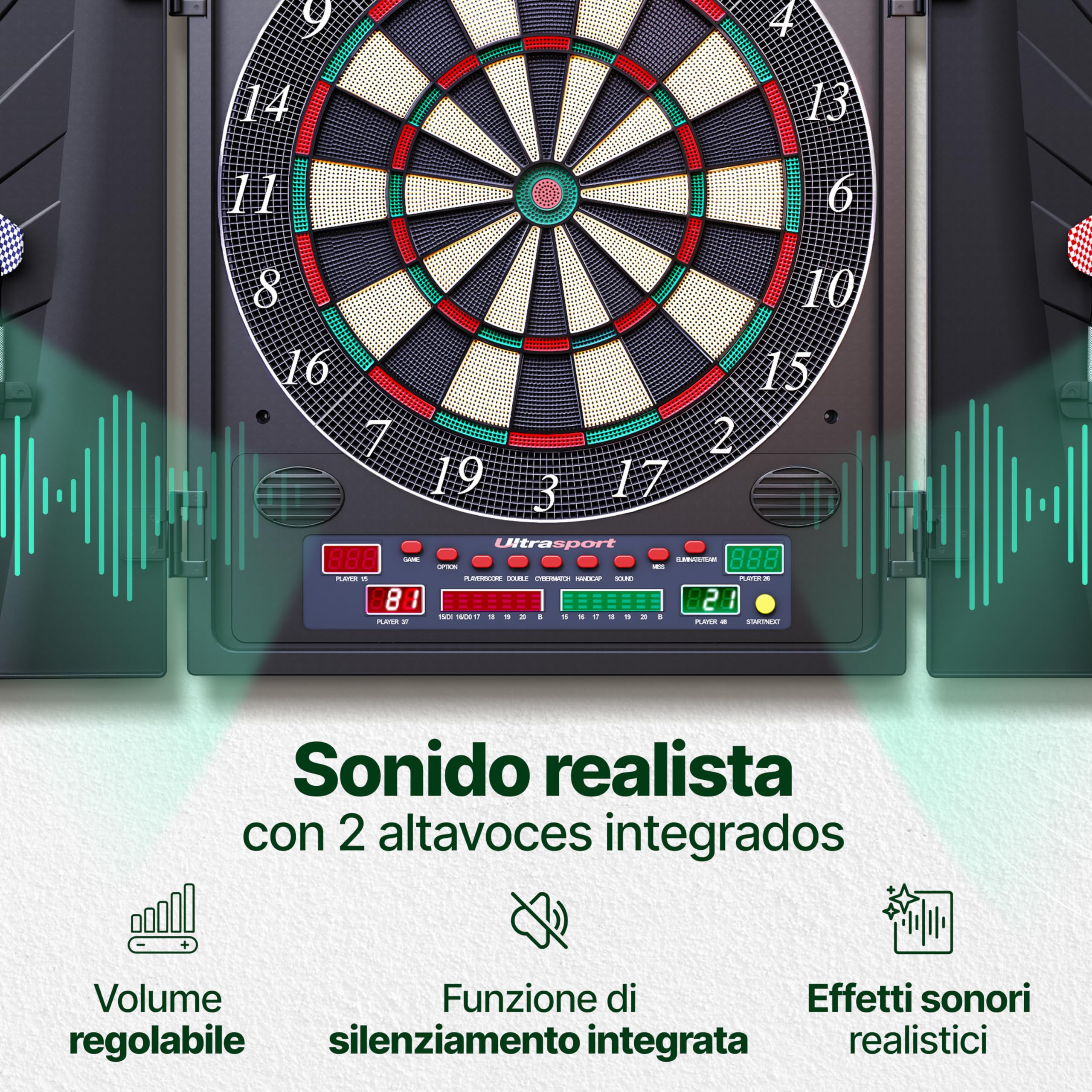 Ultrasport Tavola da Freccette Elettronica, con/Senza Porte, Freccette Classiche per 16 Giocatori, Gioco di Freccette con indicatore LED, 38 Giochi e Molte Varianti,12 Freccette e 100 Punte morbide