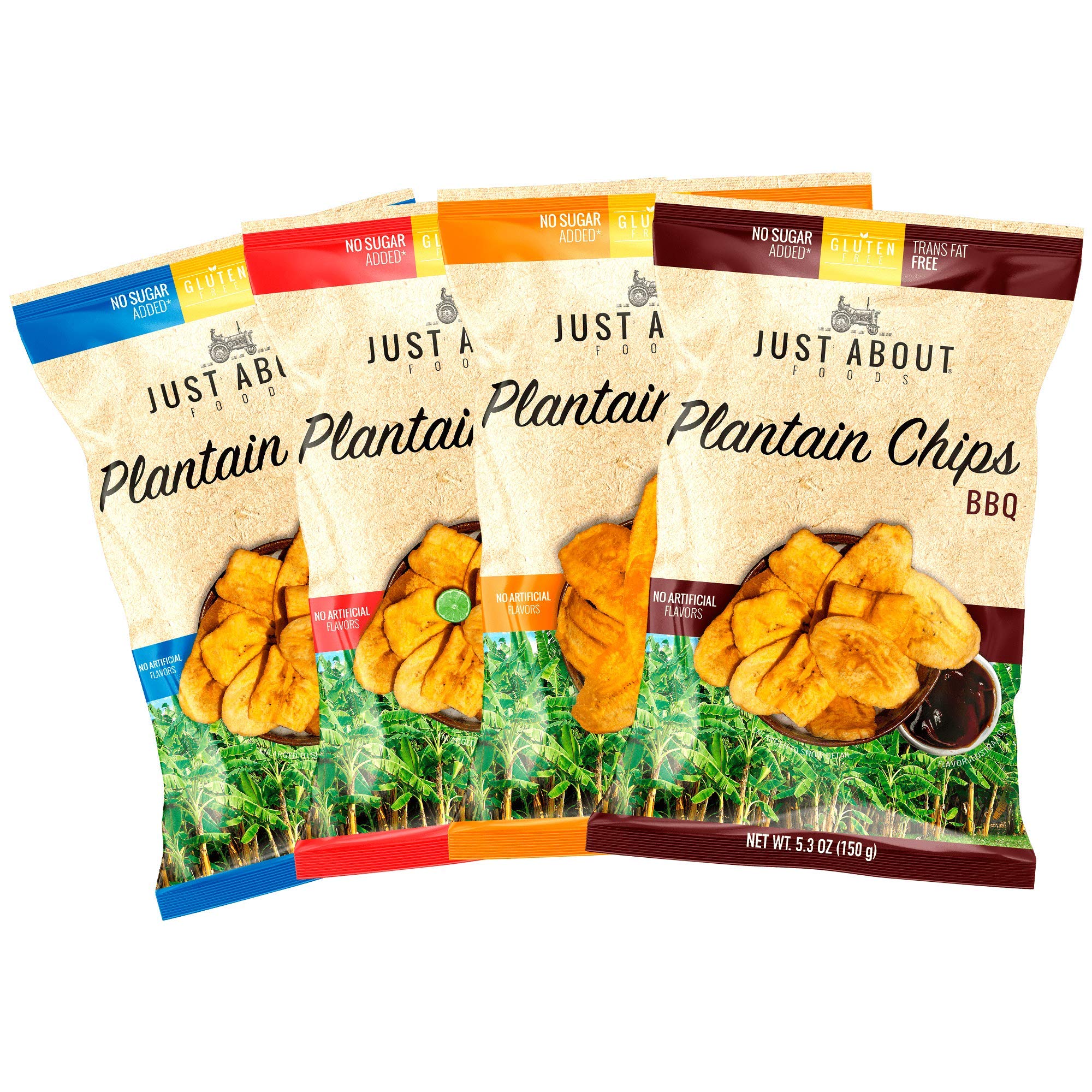 Just About Foods Plantain Chips 5.3 oz Variety Pack, BBQ, Chili Lime, Habanero, Sea Salt, Natural Gluten Free, No Sugar Added, Trans Fat Free Pack of 4