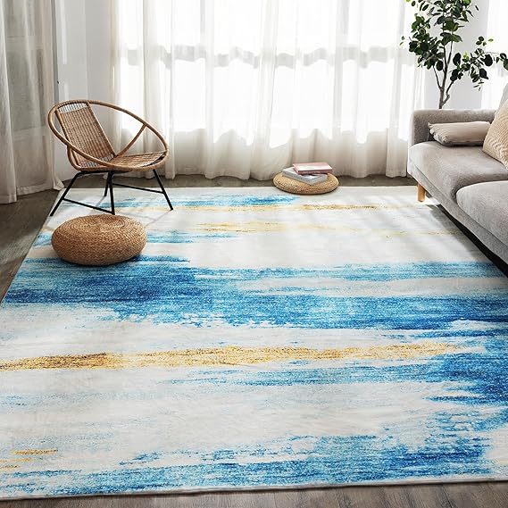 Carvapet 5x7 Large Rugs for Living Room Bedroom, Washable Blue Modern Abstract Low Pile Carpet with Rubber Backing, Foldable, Non Slip Thin Area Rug, Ultra Soft