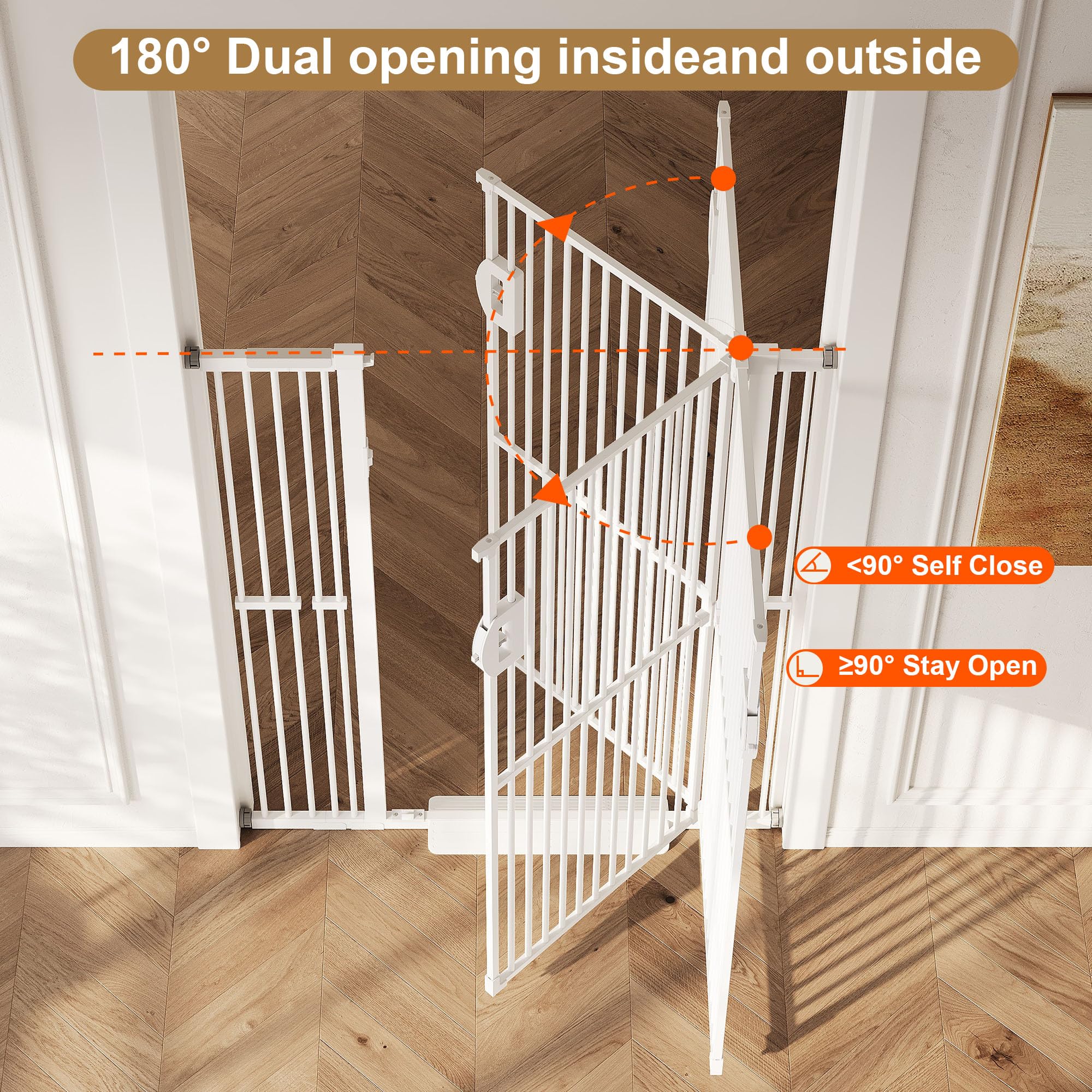 Jekriuet 57" Extra Tall Pet Gate, Auto Close Dog Door Pressure Mounted No Drilling for Doorways, Hallways, Stairs, Expandable 27.5"-38.5" Wide, Narrow 1.18" Spacing for Small Dogs & Puppies, White - 5