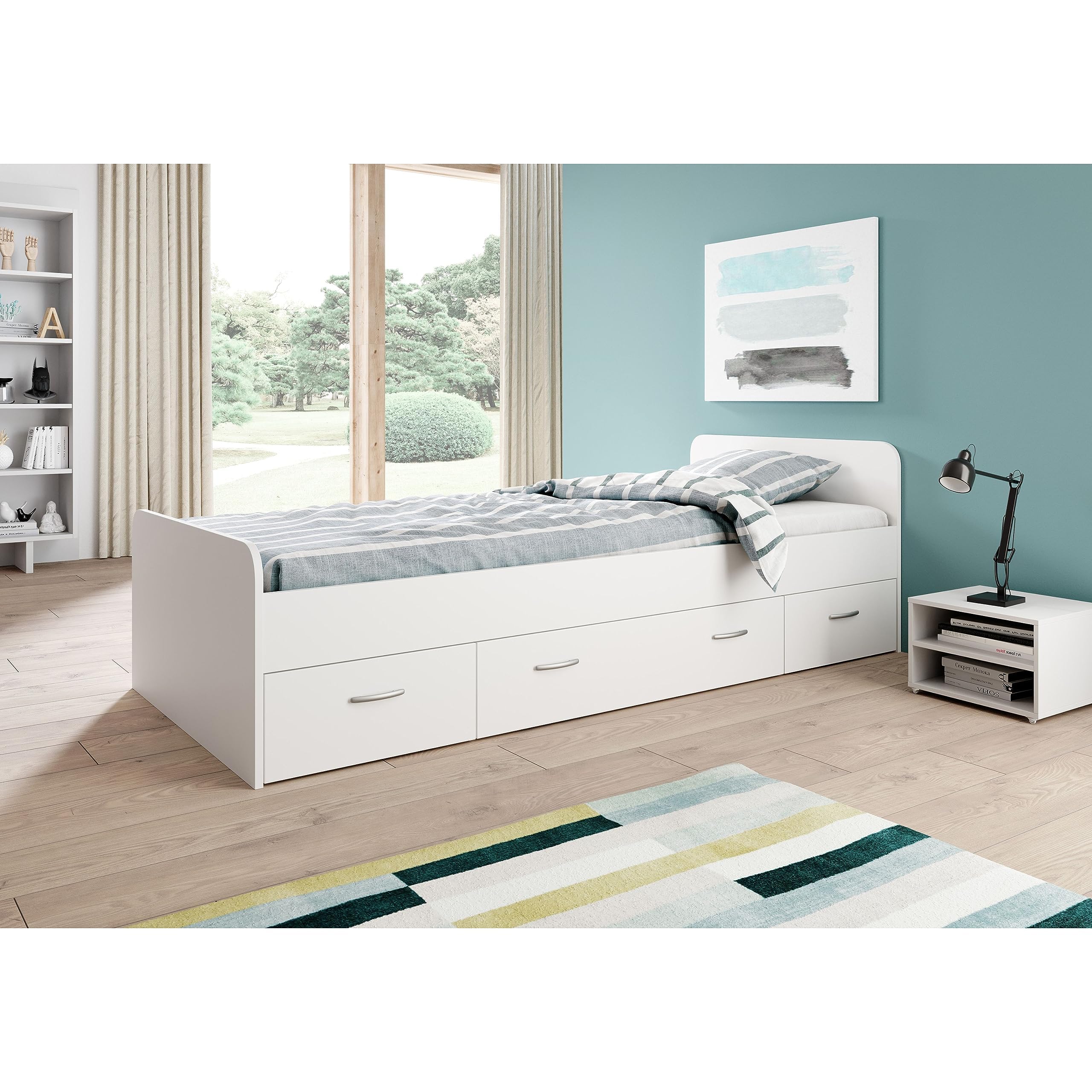 Boro Modernes Einzelbett mit 3X Schubkästen 90 x 200 cm - Praktisches Jugendzimmer Kojenbett in Weiß - 95 x 66 x 204 cm (B/H/T)