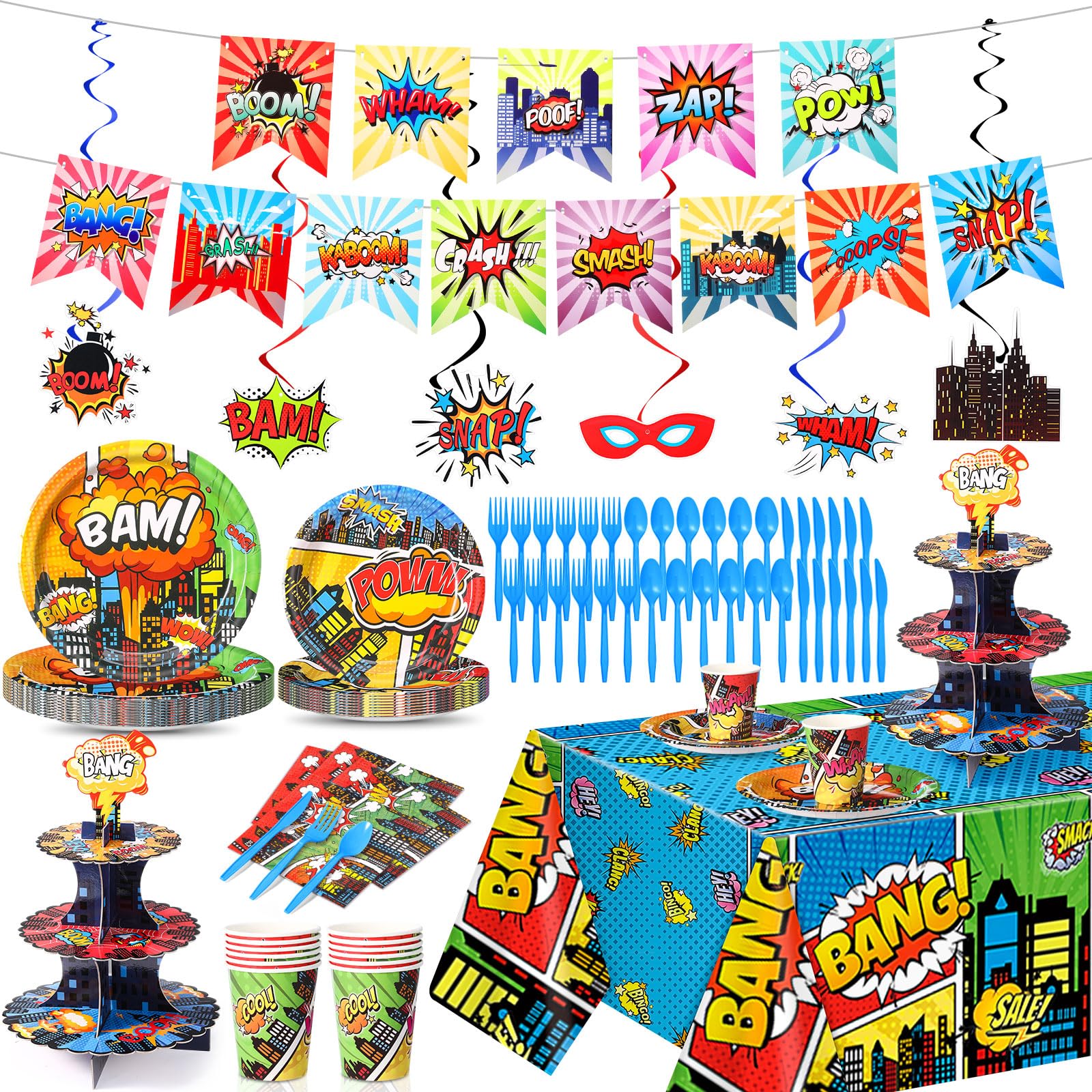 97 Pcs Hero Party Supplies for 12 Guests Include Hero Plates and Napkins Paper Cups Cupcake Stand Tablecloth Banners Cutlery Party Decorative