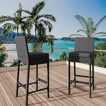 Patio Wicker Barstools With Cushions, Outdoor Wicker Bar Stools Set of 2, Outdoor Rattan Bar Height Stool Set Armless for Backyard, Poolside