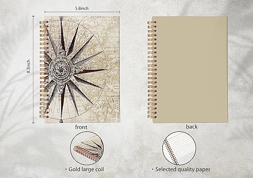 Miniatura 5 de Cuaderno de espiral con brújula de mapa vintage de 8.3 x 5.5 pulgadas, tapa dura, con rayas universitarias, diario para tomar notas, regalos para