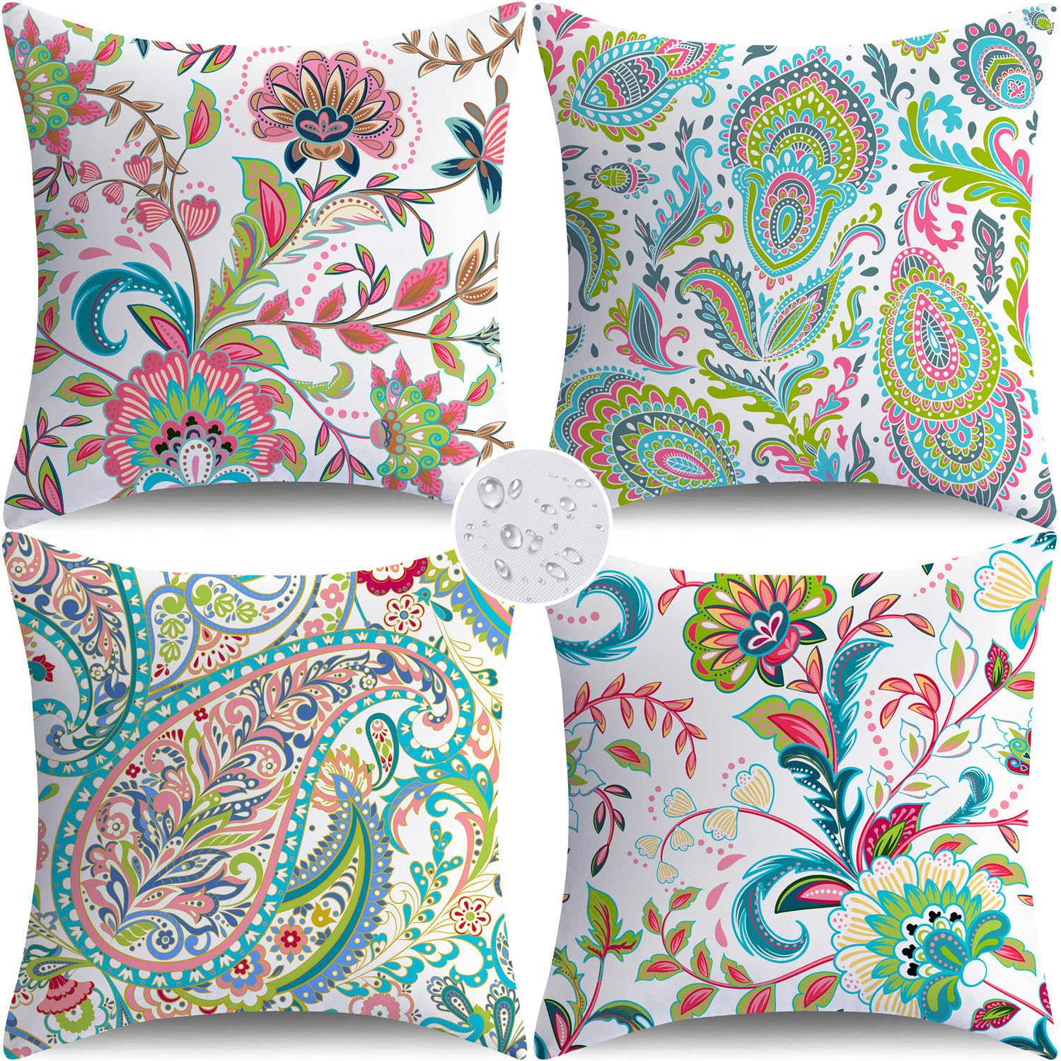 NIGHTWISH Outdoor Pillow Covers Set of 4 Waterproof Outdoor Decorative Throw Pillow Covers Paisley Colorful Floral Sofa Couch Cushion Cases for Patio Furniture Garden (18 x 18-Inch)-image-38