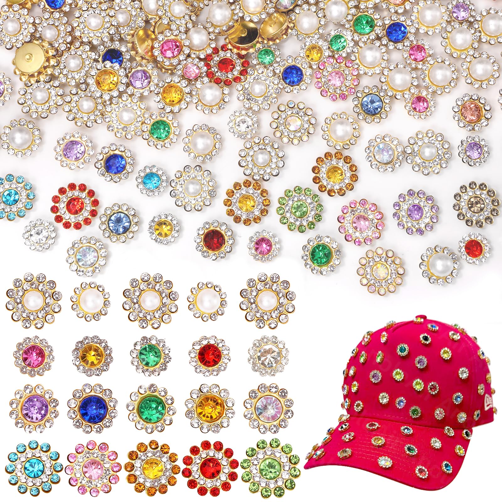 160 PCS Mixed Colors Sew on Rhinestones, 10mm 12mm 14 mm Crystal Glass Metal Base Flower Pearls Claw Rhinestones for Crafting, Bedazzling Flower Gems
