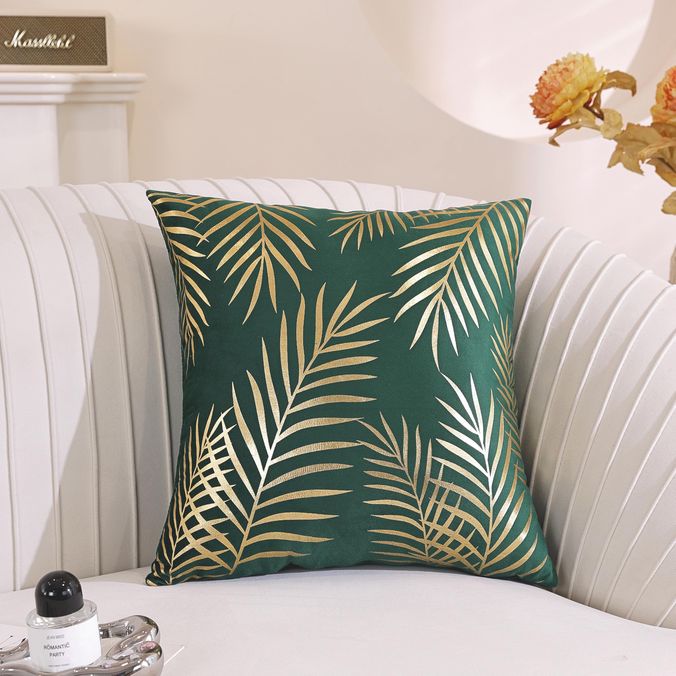 TAOSON Pack of 2,Gold Pillow Covers Velvet Cozy Soft Gold Stamping Leaves Decorative Cozy Soft Throw Pillow Cases Cushion Covers Shells for Sofa Couch Bed Home Decoration 18 x 18 Inches Dark Green