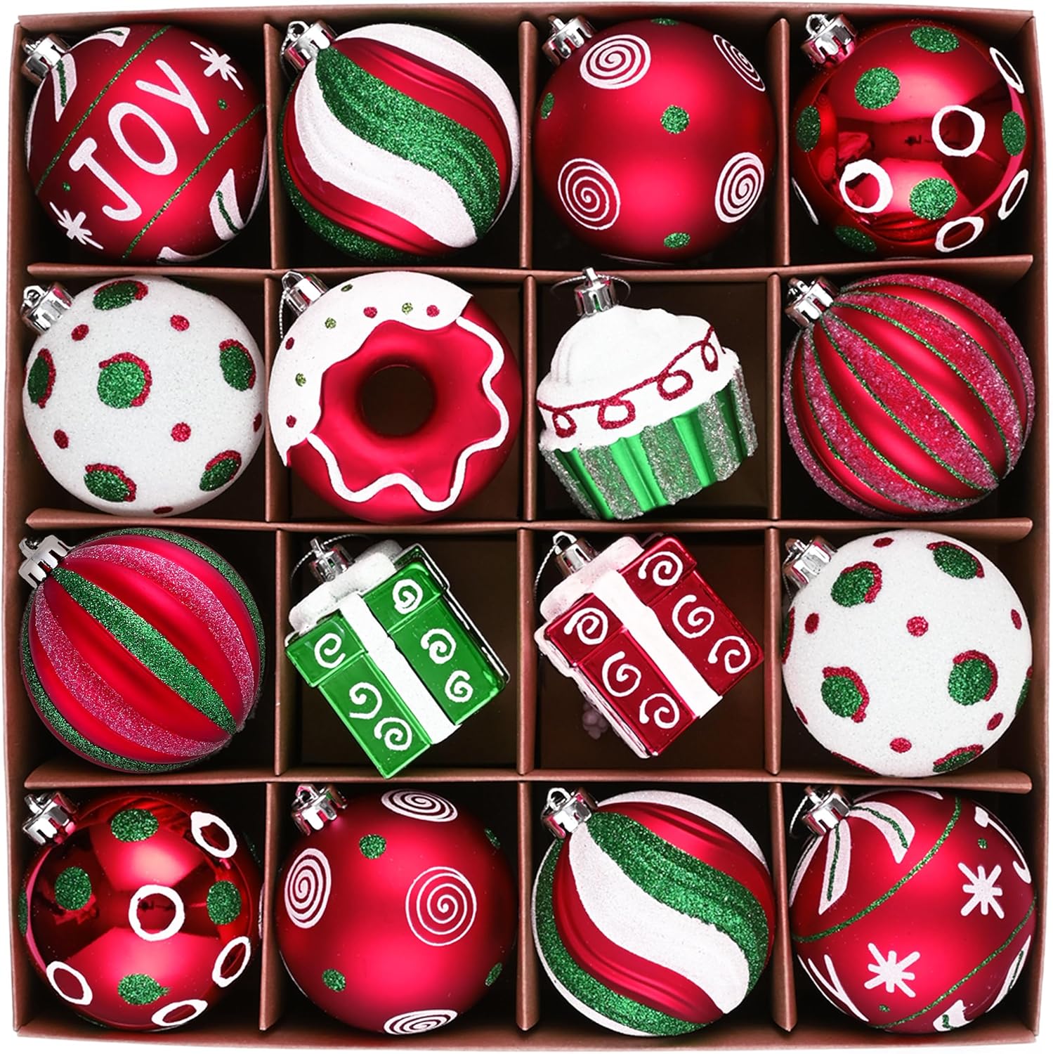 Valery Madelyn Large Christmas Tree Ornaments Set, 16ct Candy Cane Red Green White Shatterproof Christmas Tree Decorations Bulk, 3.15 Inch Decorative Hanging Ball Ornament for Xmas Trees Holiday Decor