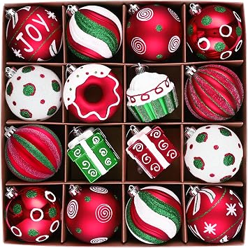 Valery Madelyn Christmas Tree Ornaments Set, 16ct Candy Cane Red Green White Shatterproof Christmas Tree Decorations Bulk, 2.36 Inch Decorative Hanging Ball Ornament for Xmas Trees Holiday Decor