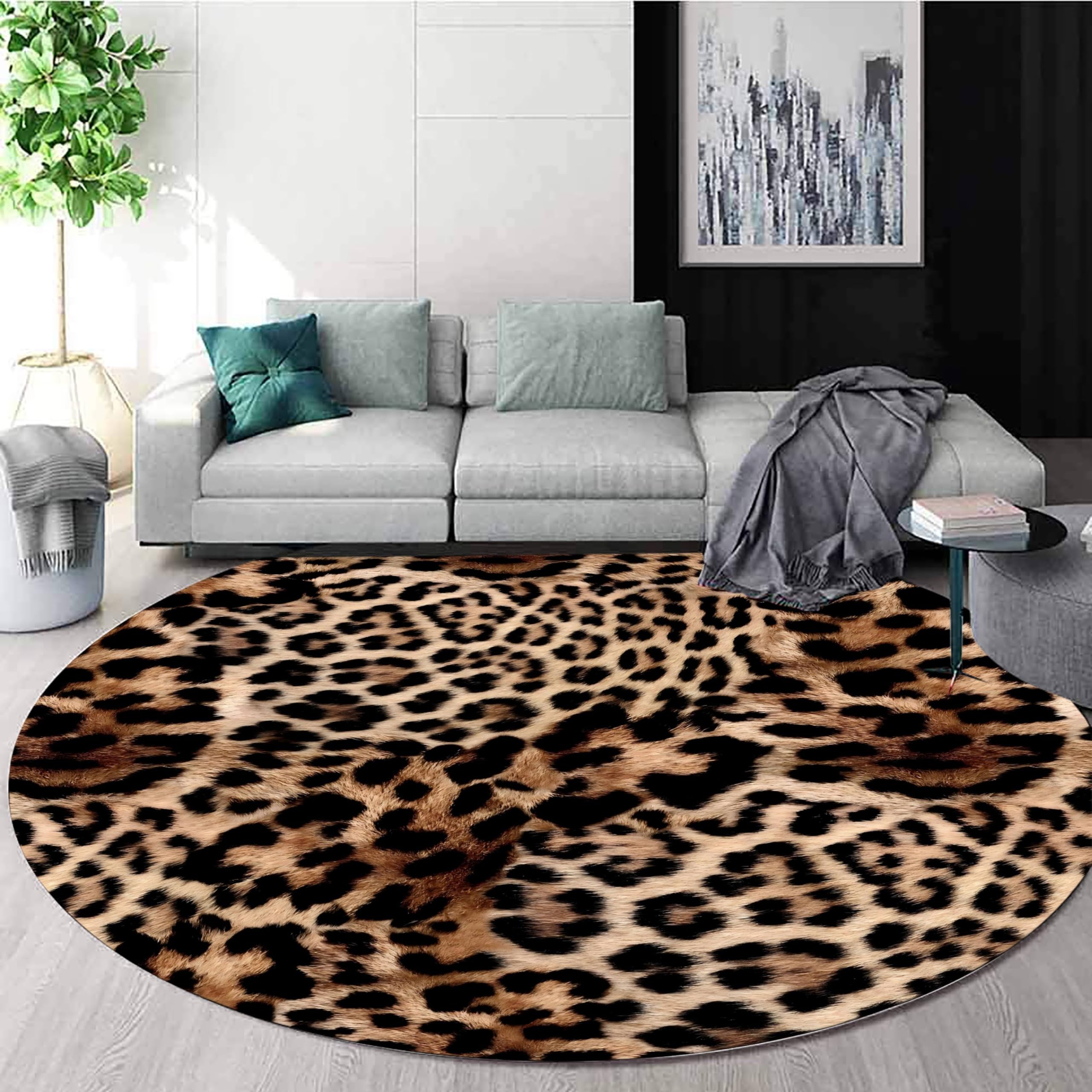 Brauner Leopardenmuster Runder Teppich 120cm - rutschfest & fusselarme waschbare Auslegware, weicher Tierprint Bodenmatte für Wohnzimmer, Schlafzimmer, Büro