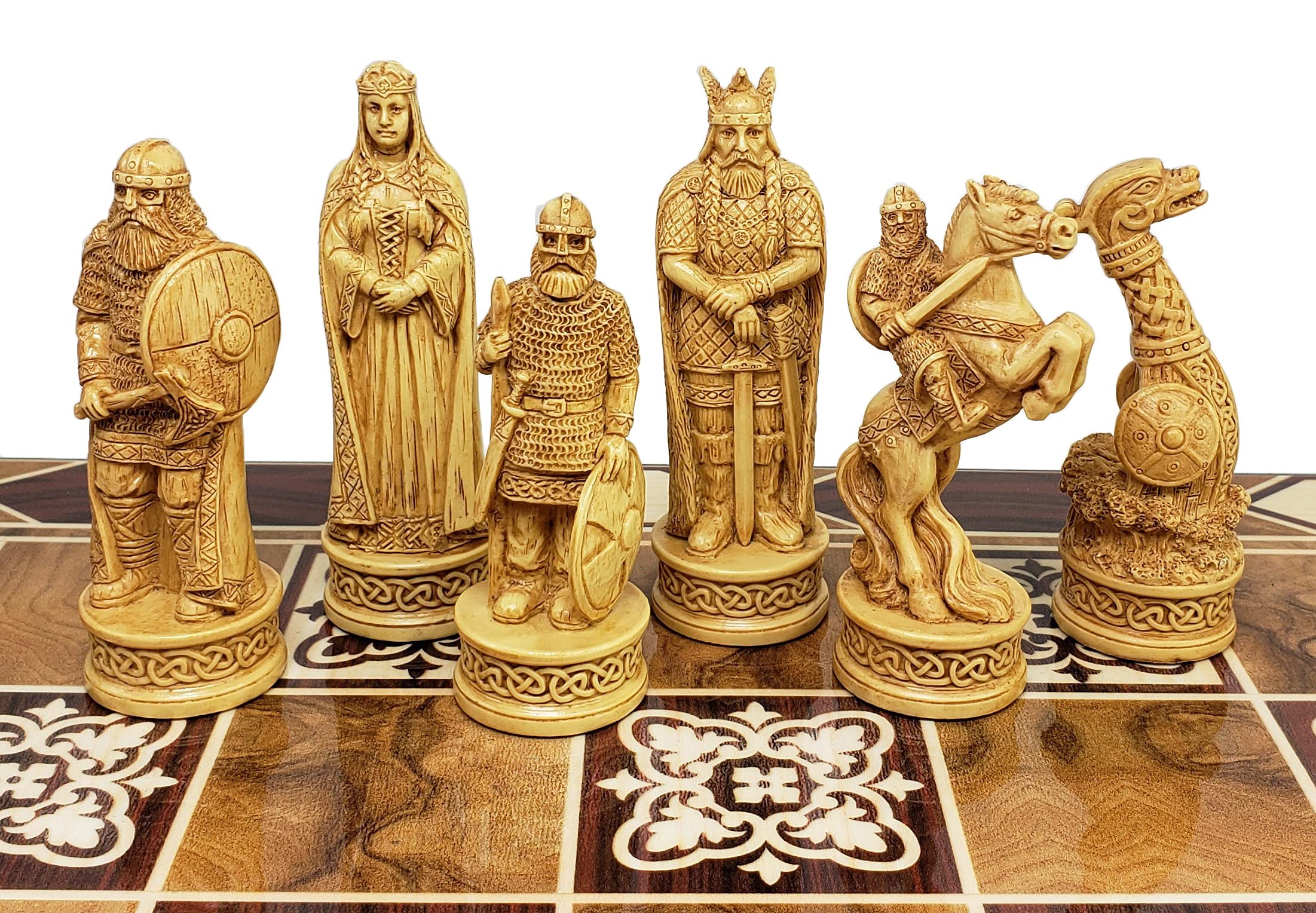 Antique Ivory & Brown Norse Viking Chess Set with 17" Burlwood Color